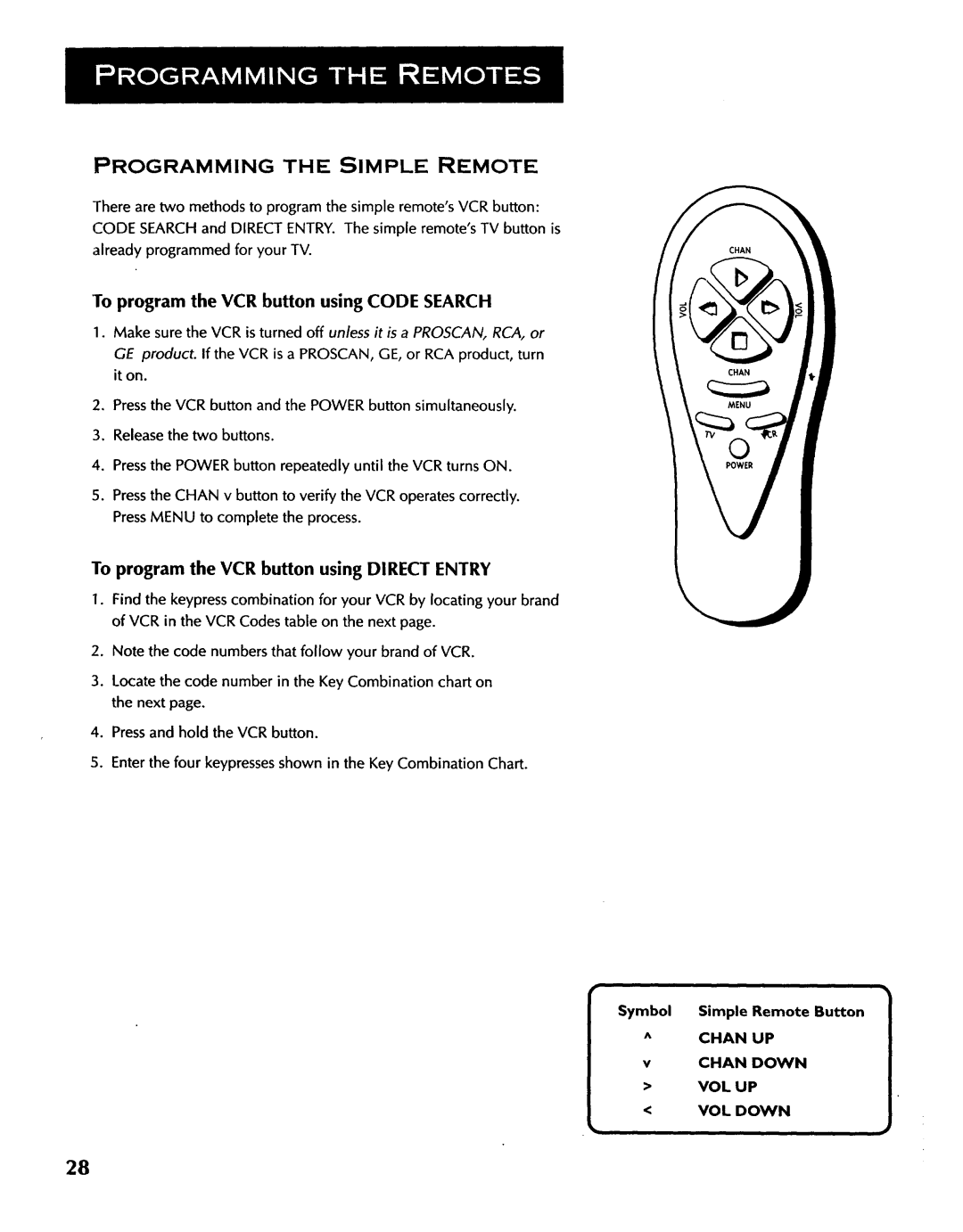 ProScan CRT Television manual Programmingthe Simple Remote, To program the VCR button using Code Search 