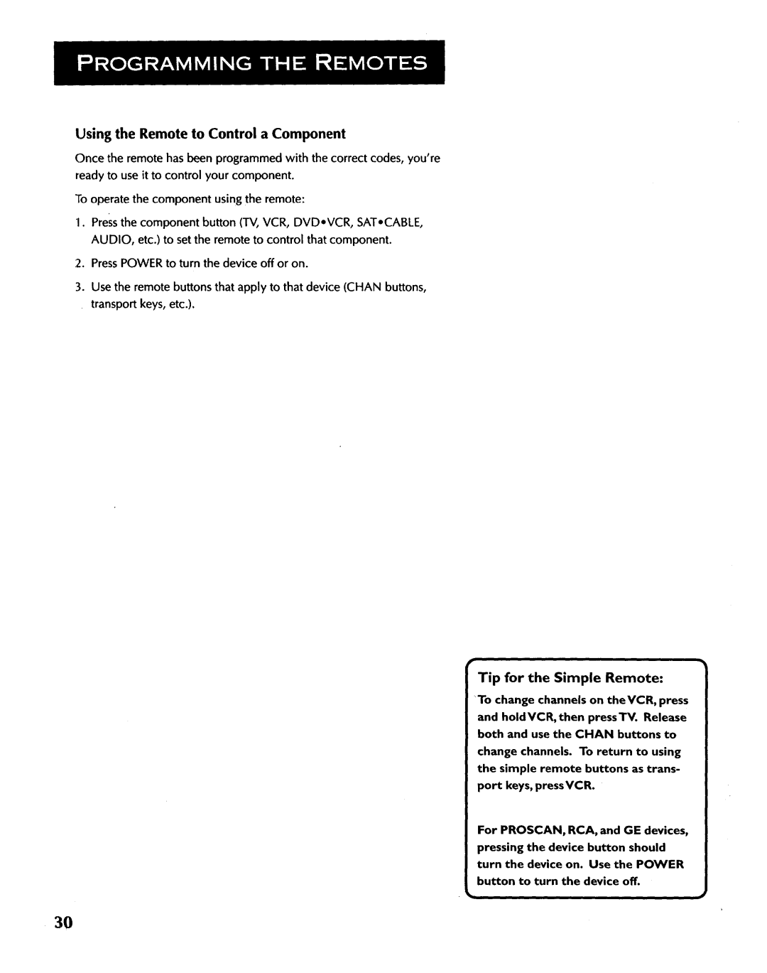 ProScan CRT Television manual Using the Remote to Control a Component, Tip for the Simple Remote 
