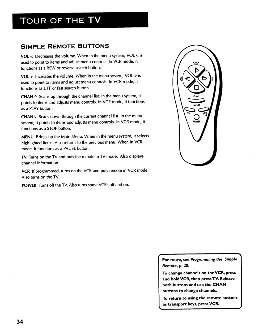 ProScan CRT Television manual Simple Remote Buttons, For more, see Programming the Simple 