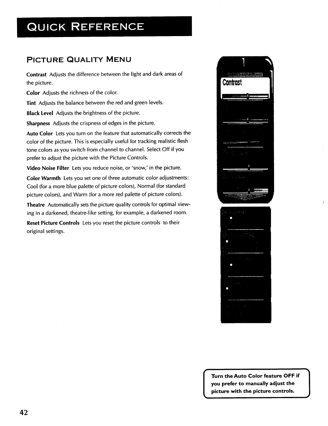 ProScan CRT Television manual Picture Quality Menu, Color Adjusts the richness of the color 