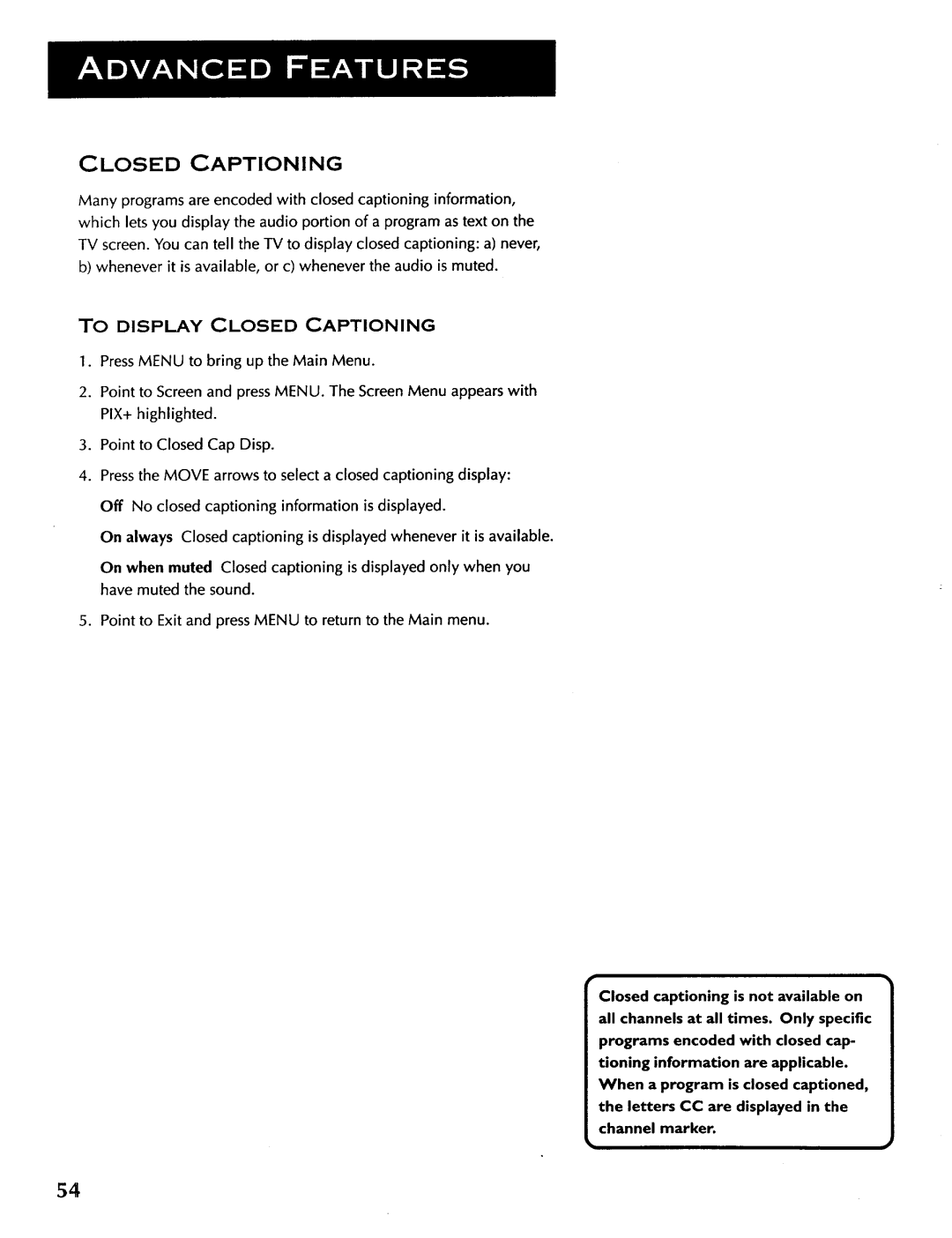 ProScan CRT Television manual To Display Closed Captioning 