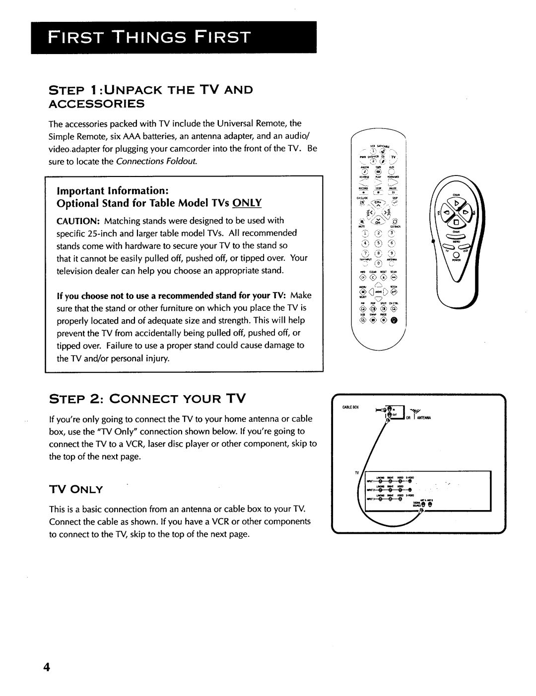 ProScan CRT Television manual Unpack the TV Accessories, Connect Your TV 