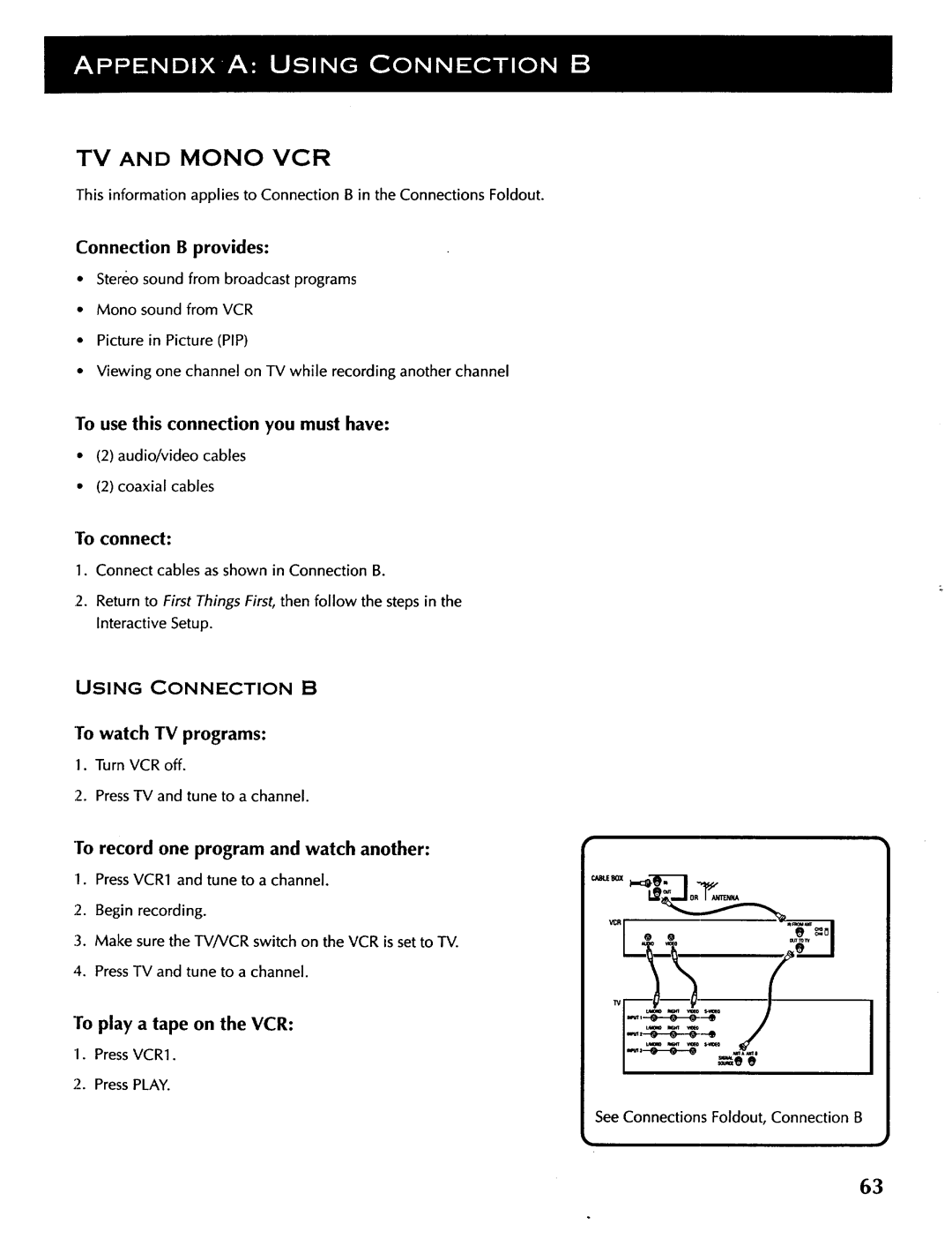 ProScan CRT Television Using Connection B, To record one program and watch another, To play a tape on the VCR PressVCR1 