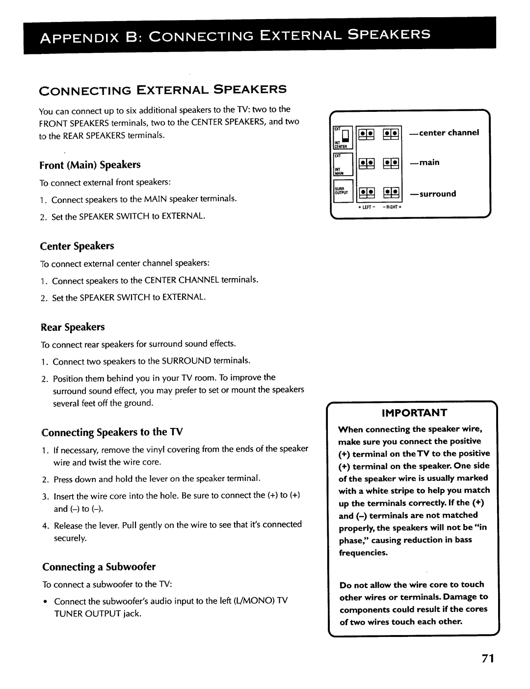 ProScan CRT Television manual Connectingexternal Speakers, Center Speakers 