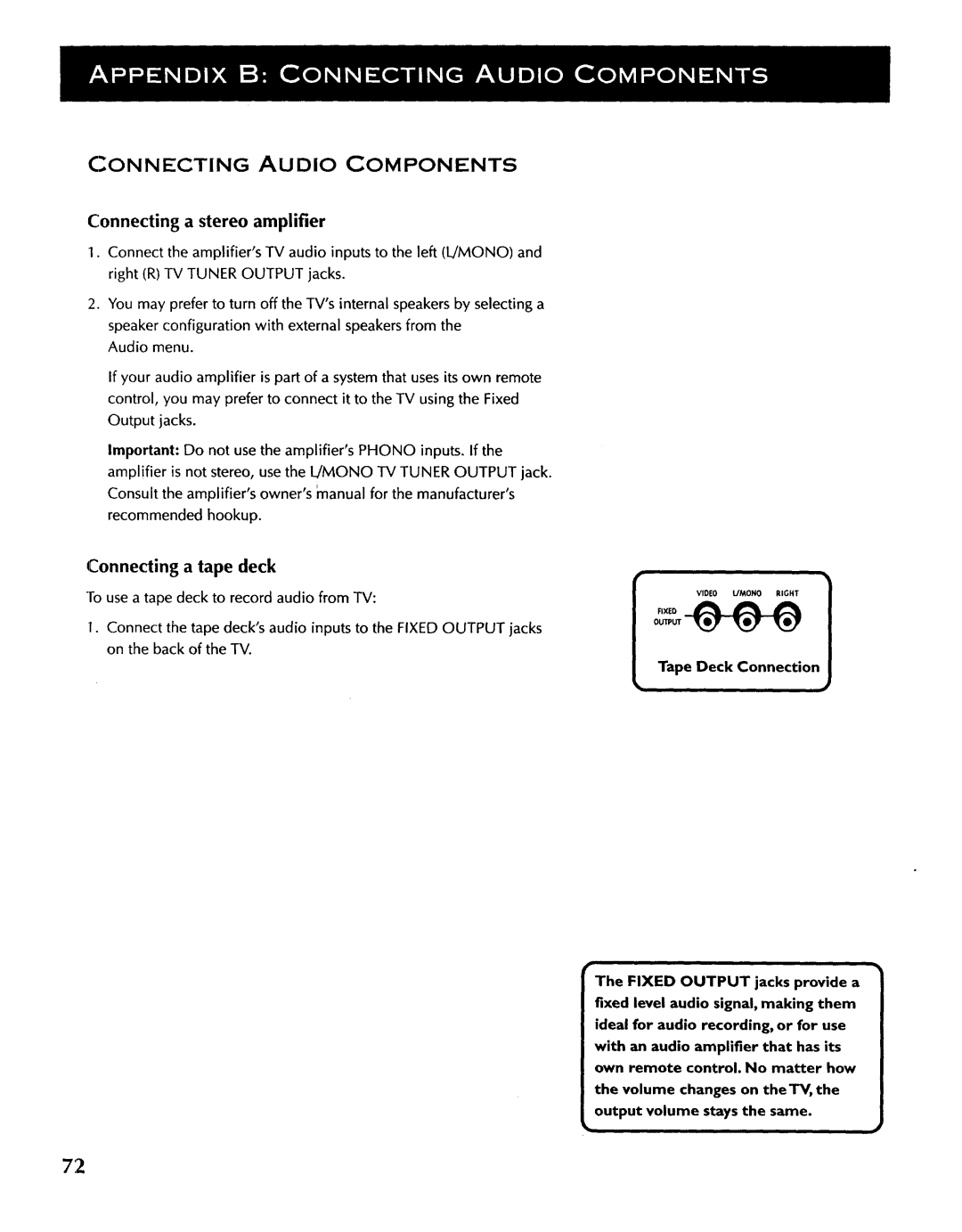 ProScan CRT Television manual Connectingaudio Components, Connecting a stereo amplifier 