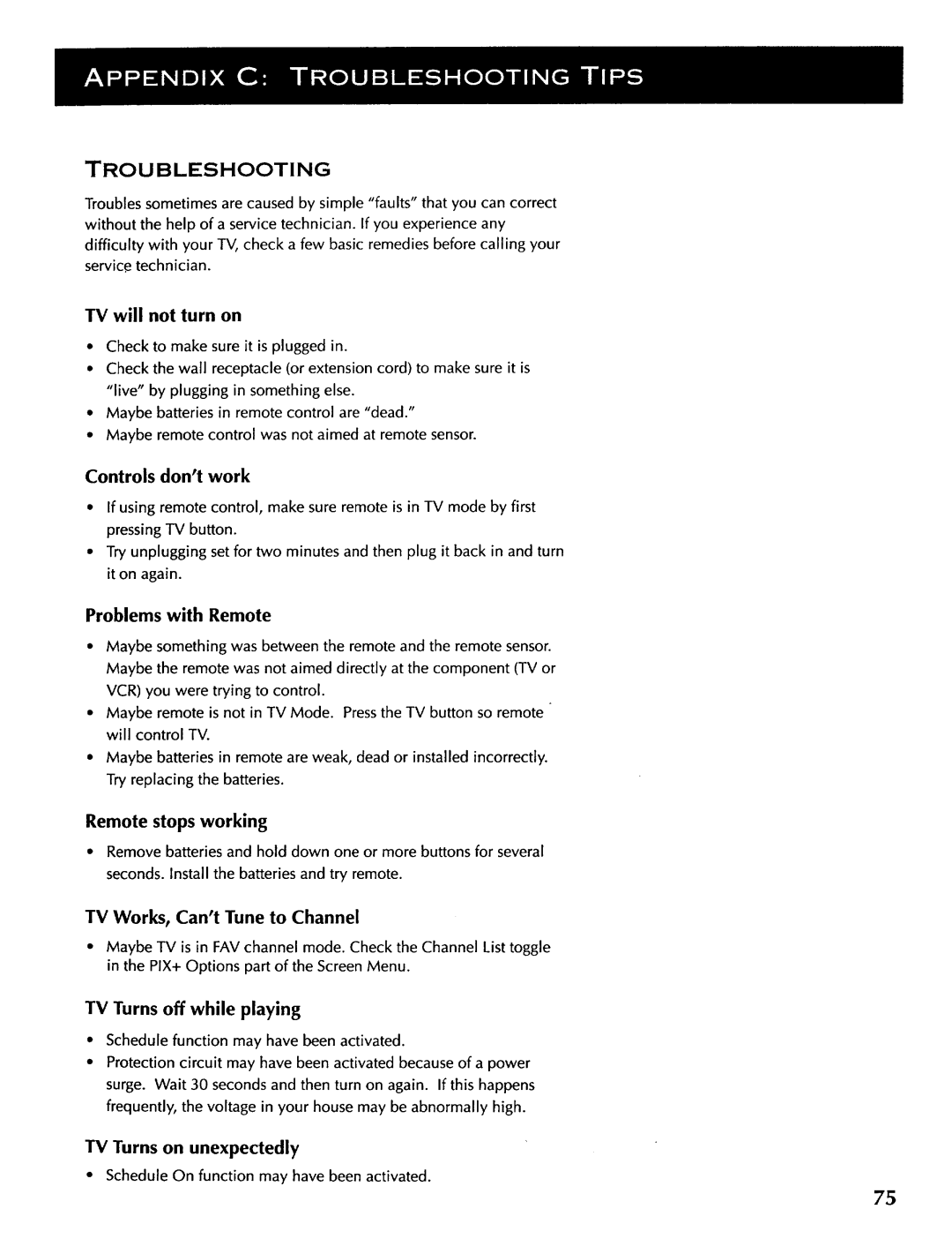 ProScan CRT Television manual Troubleshooting, TV Turns on unexpectedly 