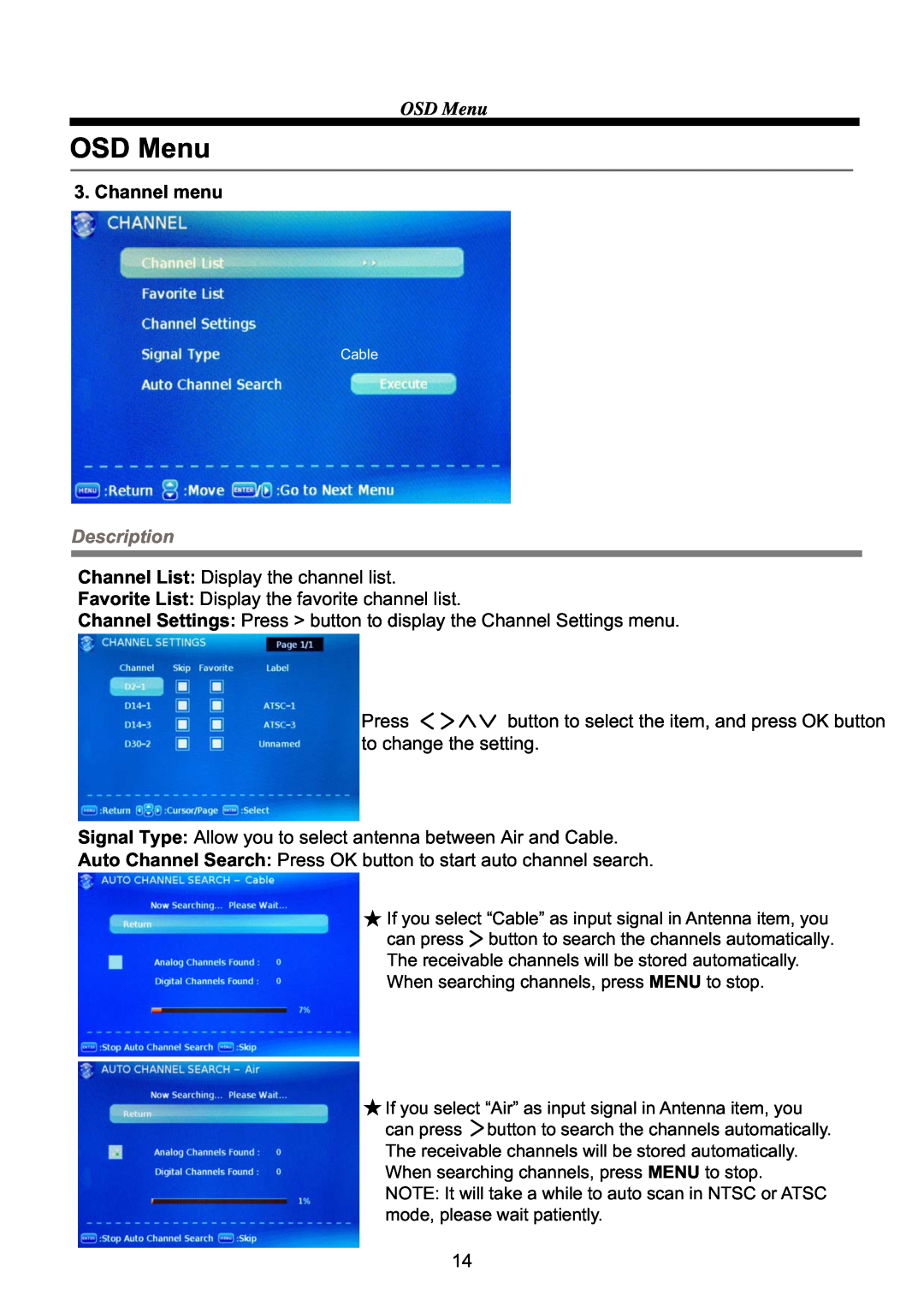 ProScan PLCD3903A manual OSD Menu, Channel menu, Description 