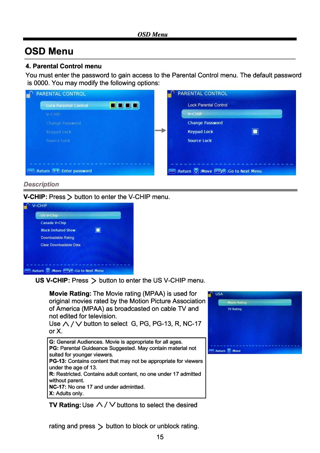ProScan PLCD3903A manual OSD Menu, Parental Control menu, Description, TV Rating Use 