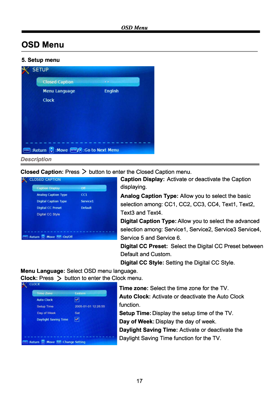ProScan PLCD3903A manual OSD Menu, Setup menu, Description, Closed Caption Press, Clock Press 
