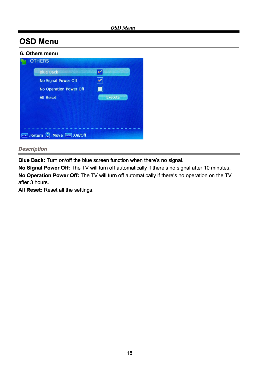 ProScan PLCD3903A manual OSD Menu, Others menu, Description, All Reset Reset all the settings 