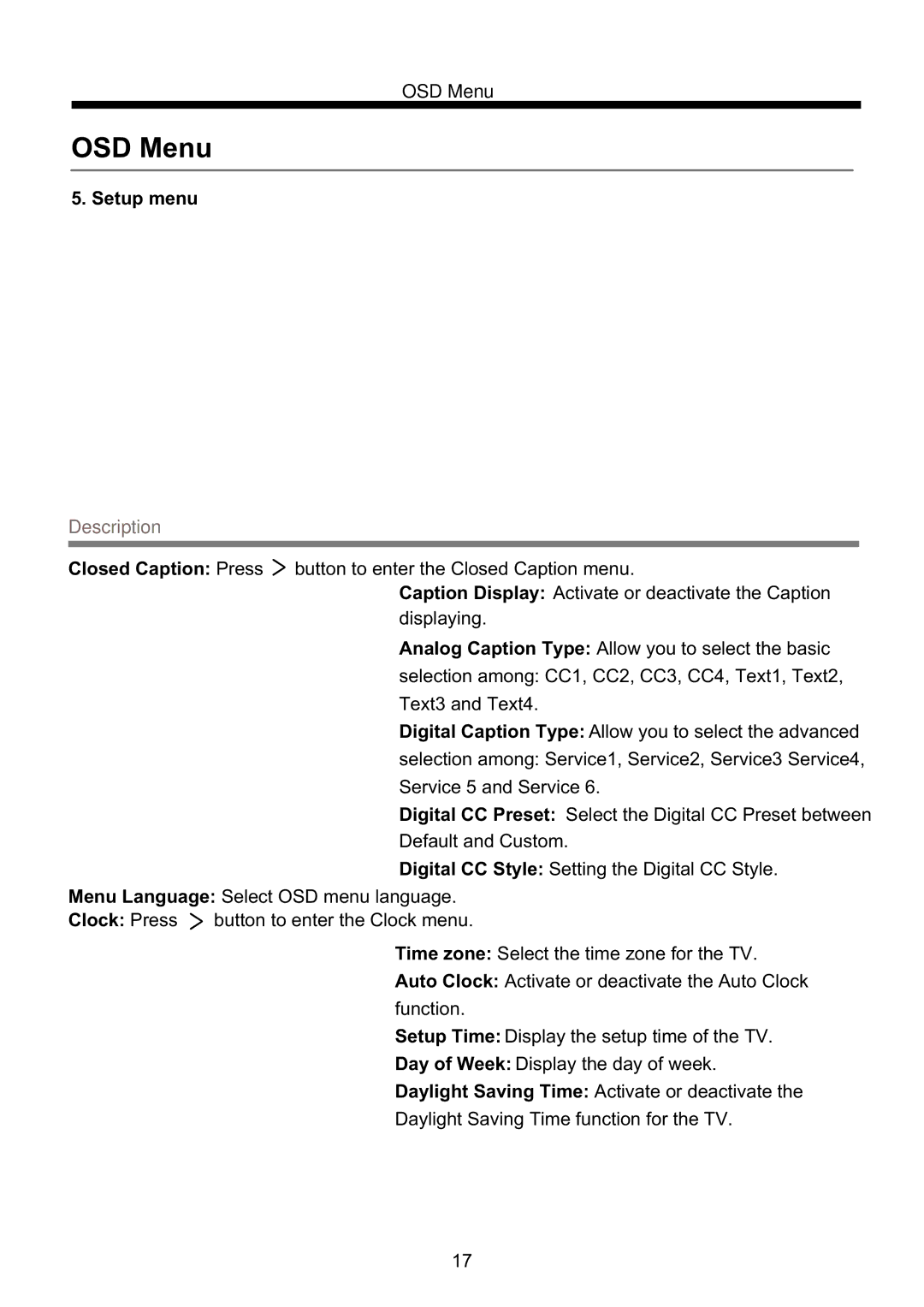 ProScan PLCD3903A manual Setup menu, Closed Caption Press, Clock Press 