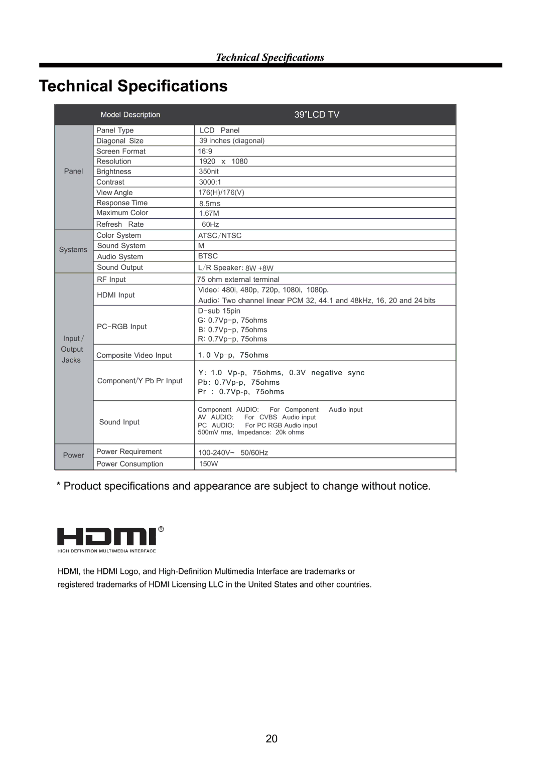 ProScan PLCD3903A manual 39LCD TV 