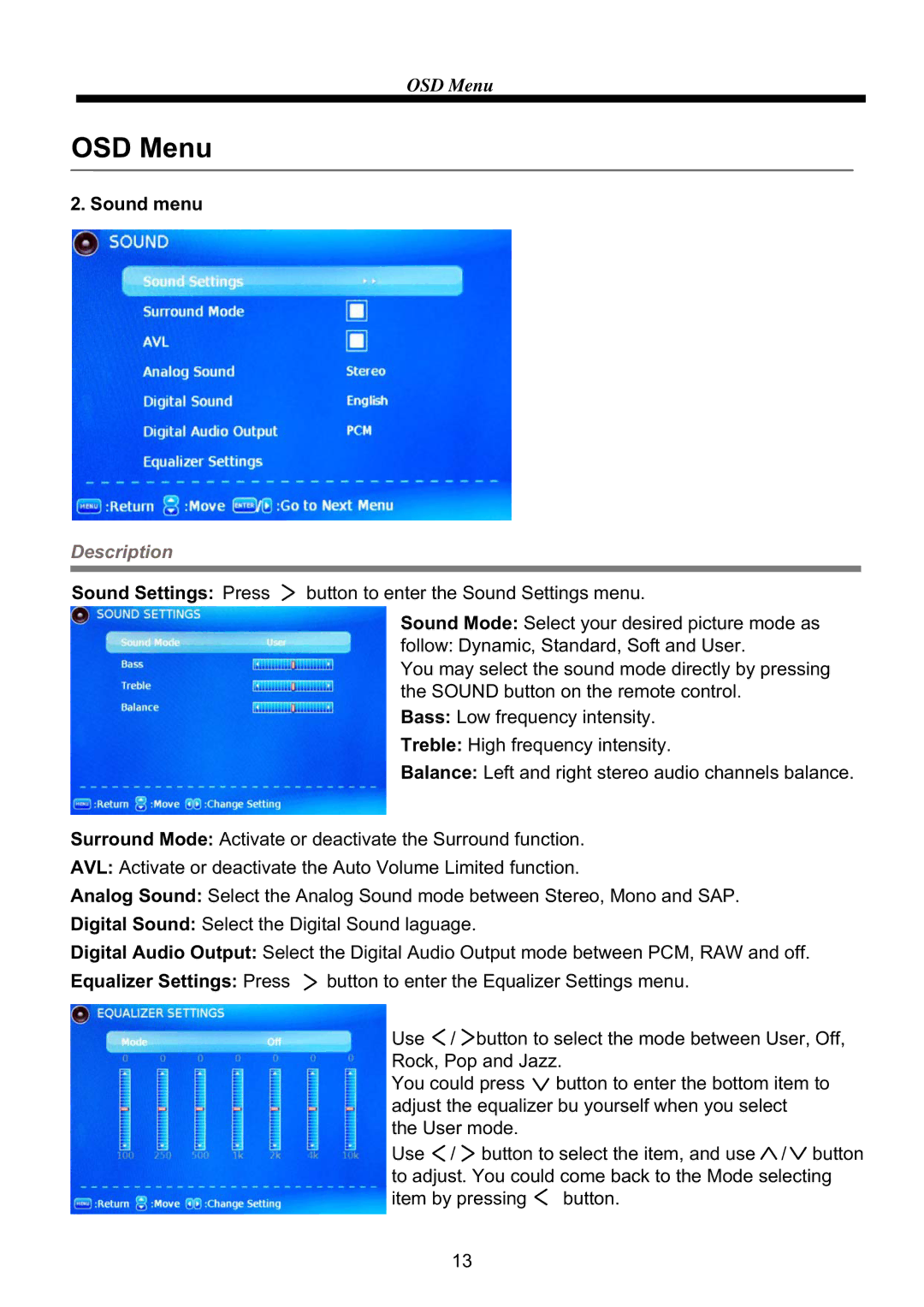 ProScan PLCD3992A manual Sound menu, Sound Settings Press, Equalizer Settings Press 