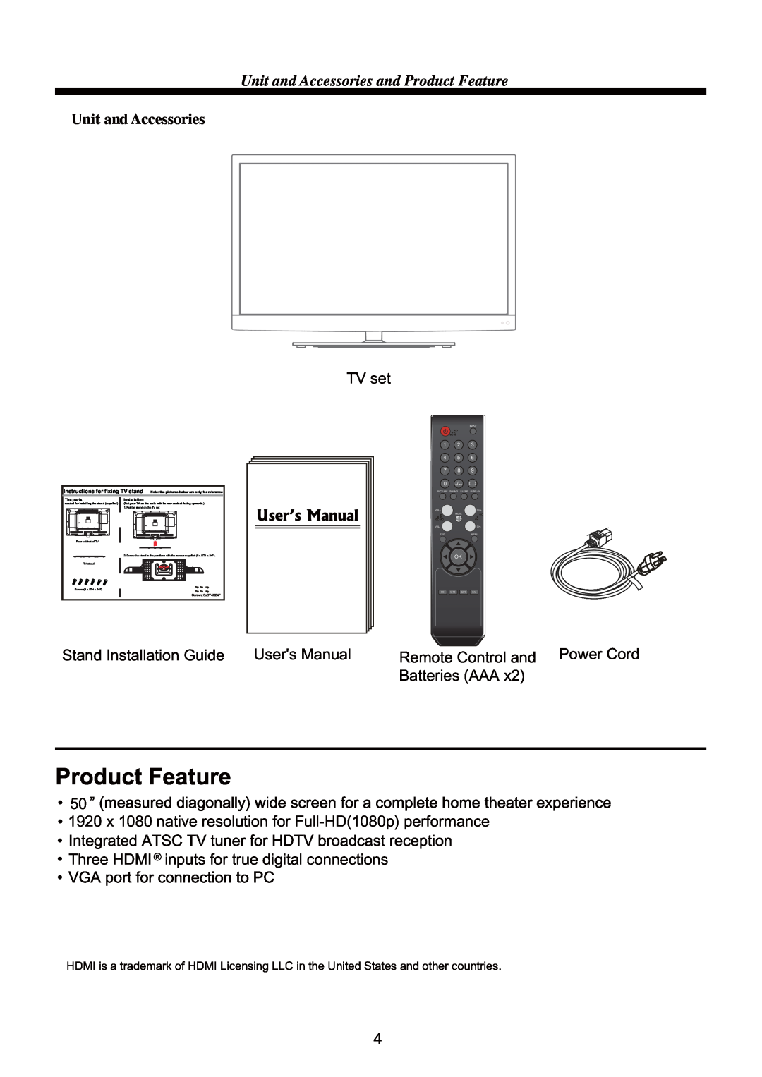 ProScan PLCD5085A Unit and Accessories and Product Feature, Instructions for fixing TV stand, 1 2 4 5 7, The parts 