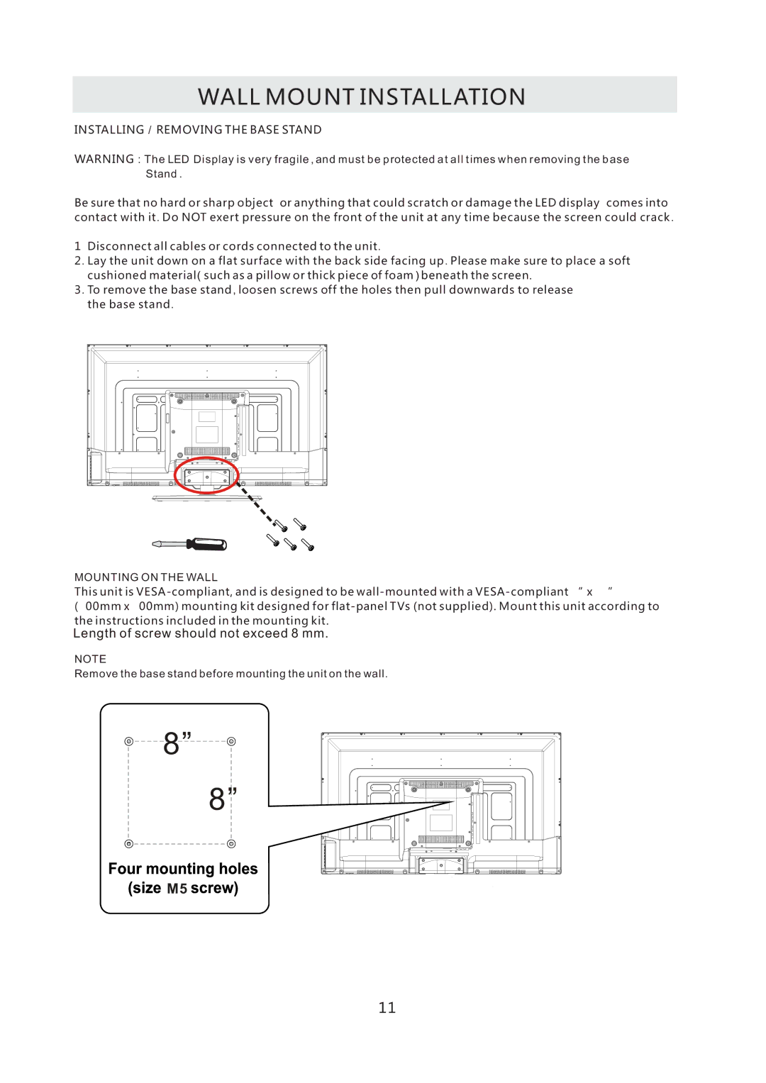 ProScan PLDED3996A-C2 manual Wall Mount Installation, Installing / Removing the Base Stand 