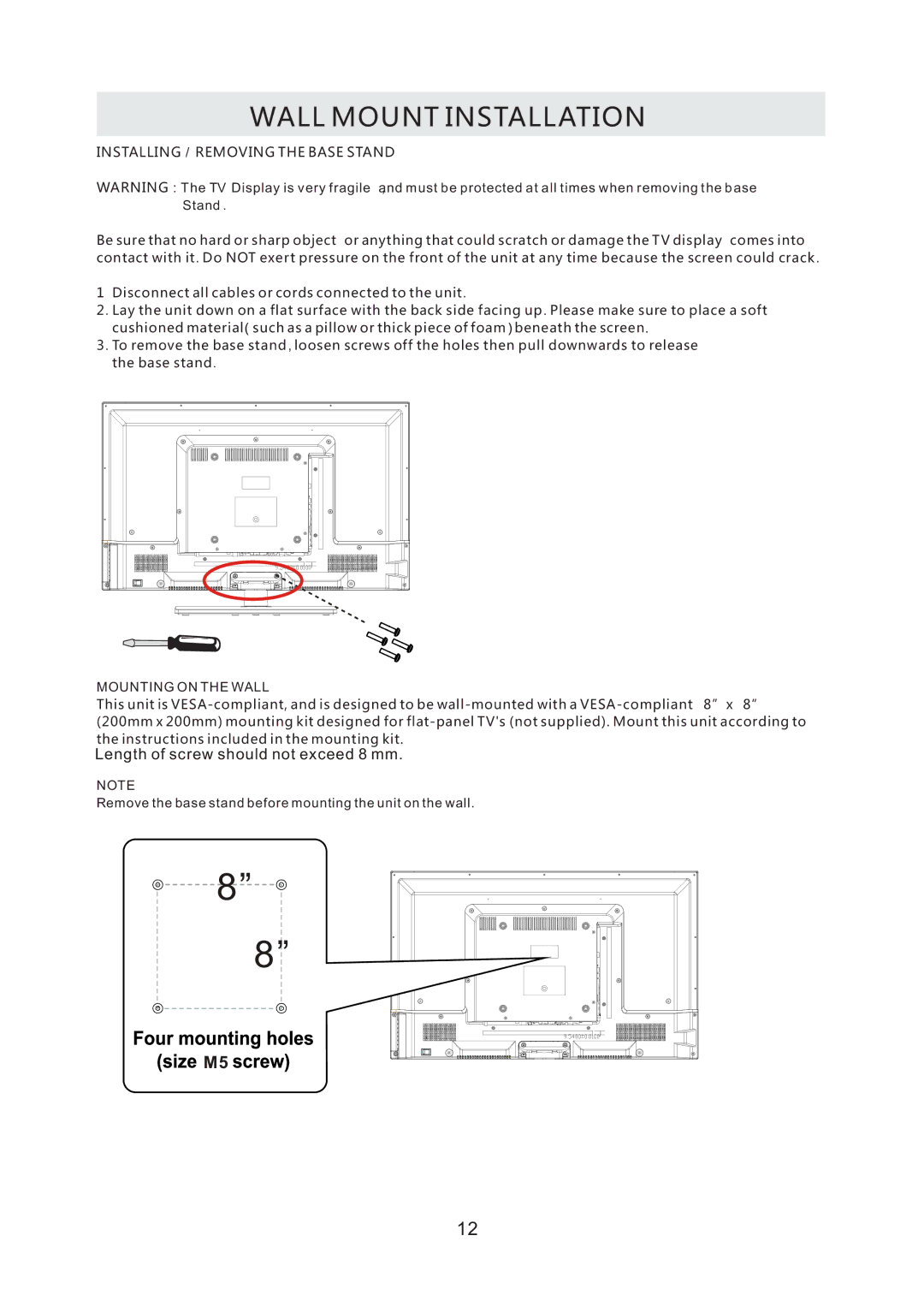 ProScan PLDV321300 manual Wall Mount Installation, Installing / Removing the Base Stand 