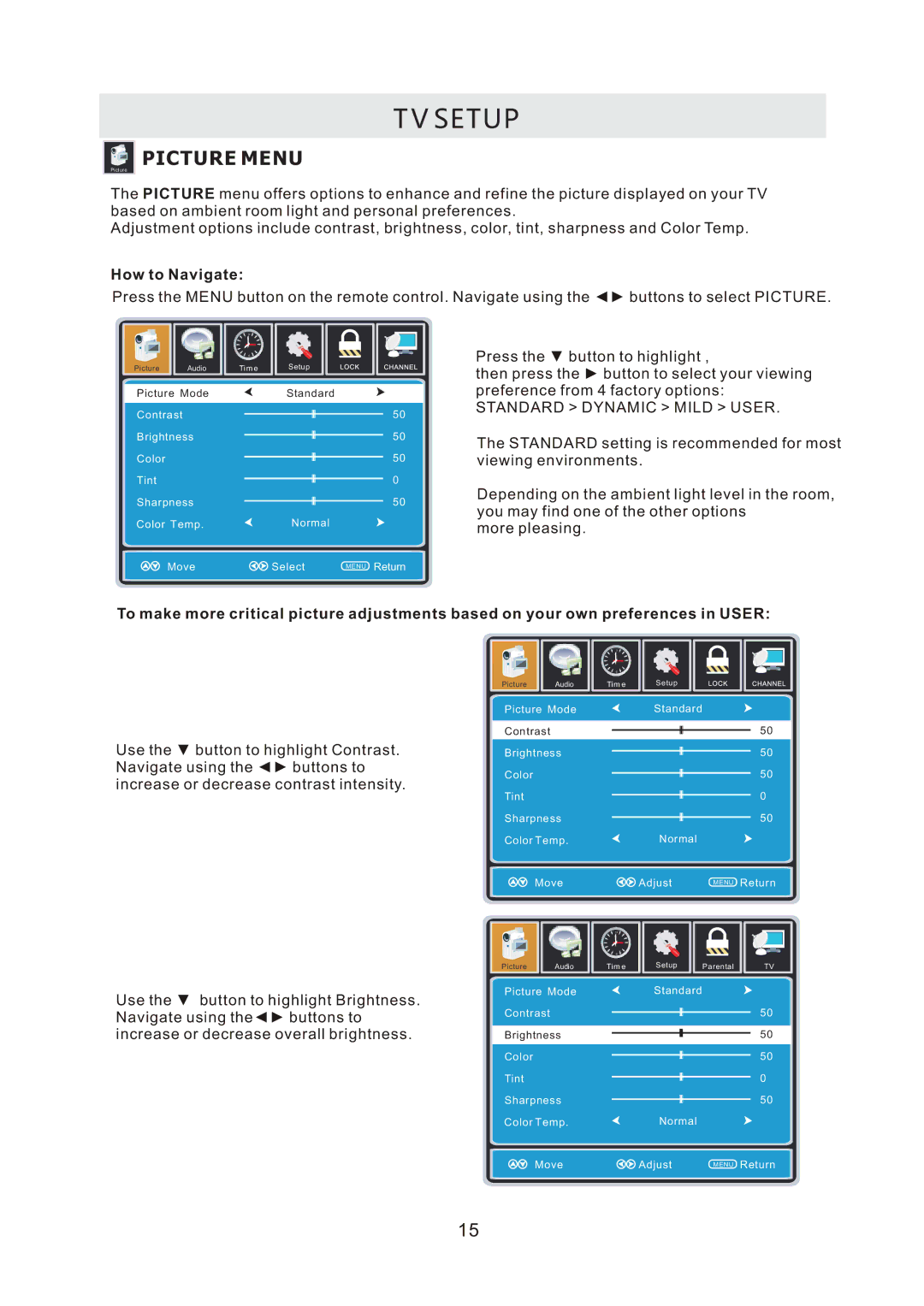 ProScan PLDV321300 manual Setup, Picture Menu 