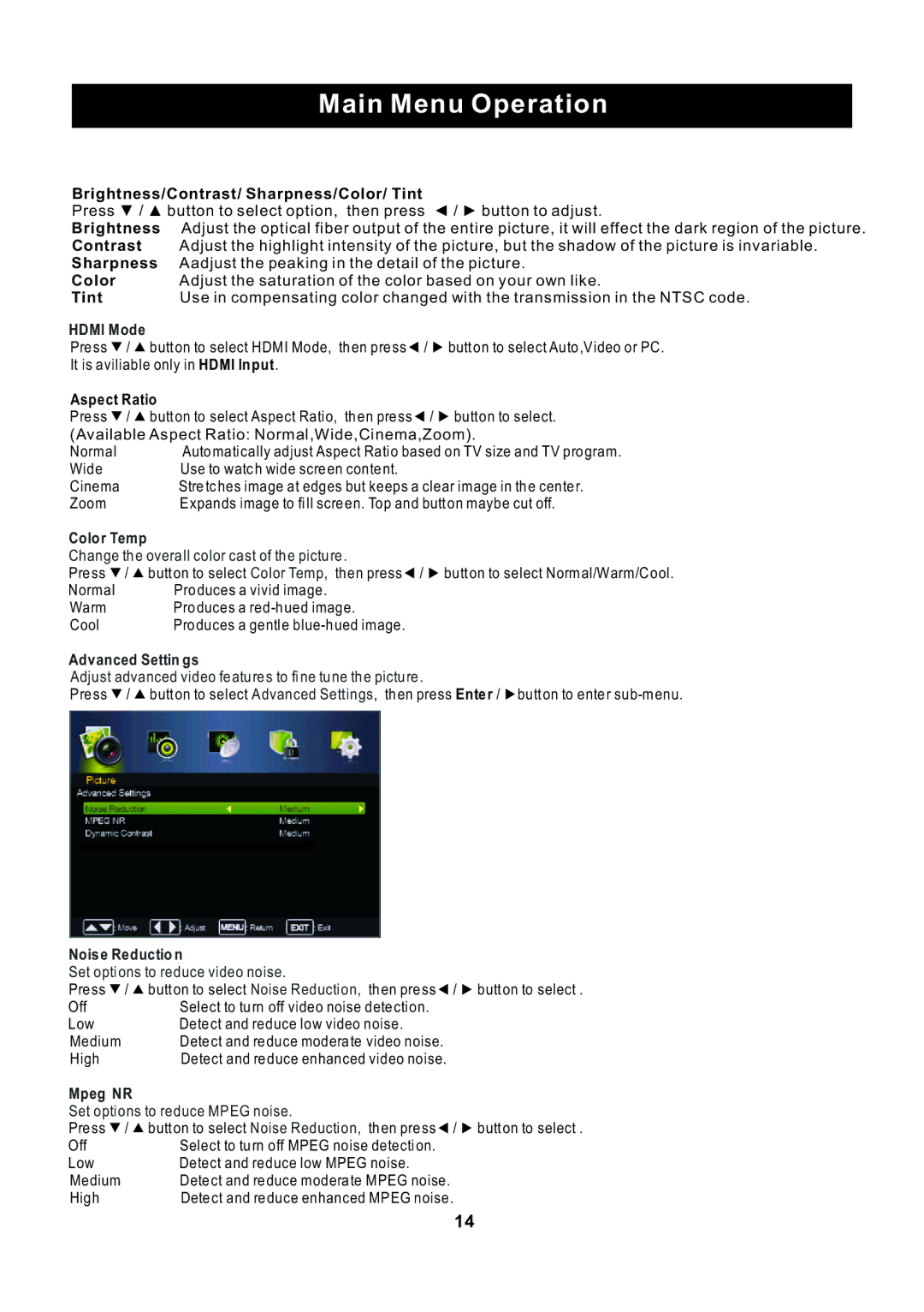 ProScan PLED2435A-E Brightness/Contrast/ Sharpness/Color/ Tint, Aspect Ratio, Color Temp, Advanced Settin gs, Mpeg NR 