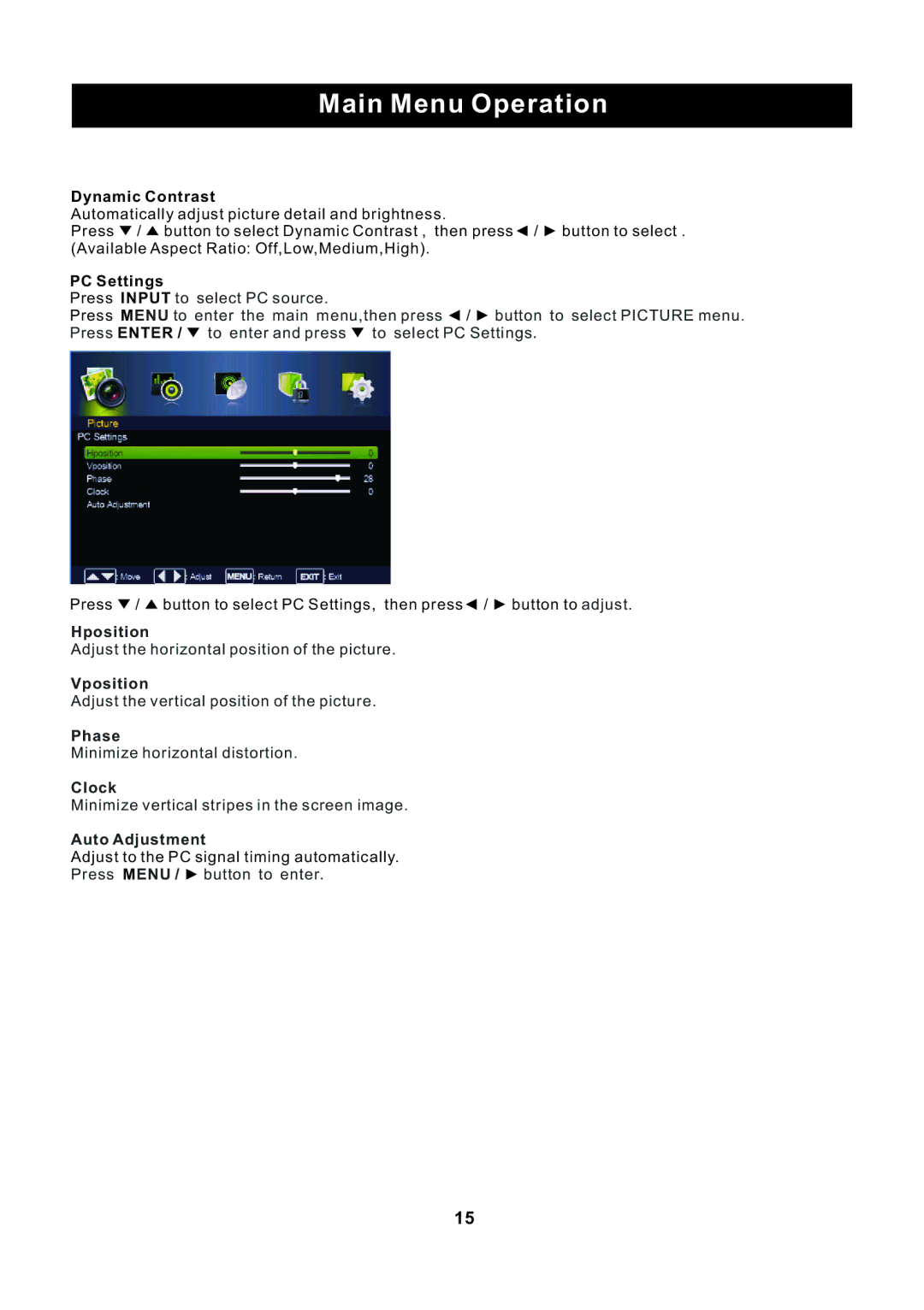 ProScan PLED2435A-E instruction manual Dynamic Contrast, PC Settings, Hposition, Vposition, Phase, Clock, Auto Adjustment 