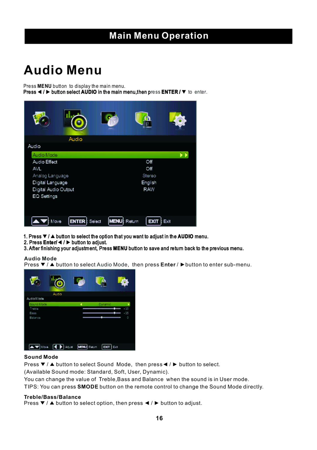 ProScan PLED2435A-E instruction manual Audio Menu, Sound Mode, Treble/Bass/Balance 