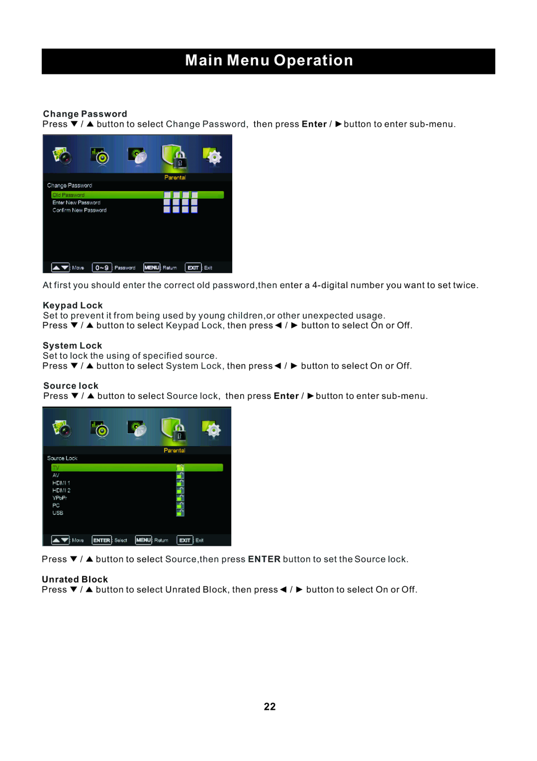 ProScan PLED2435A-E instruction manual Change Password, Keypad Lock, System Lock, Source lock, Unrated Block 