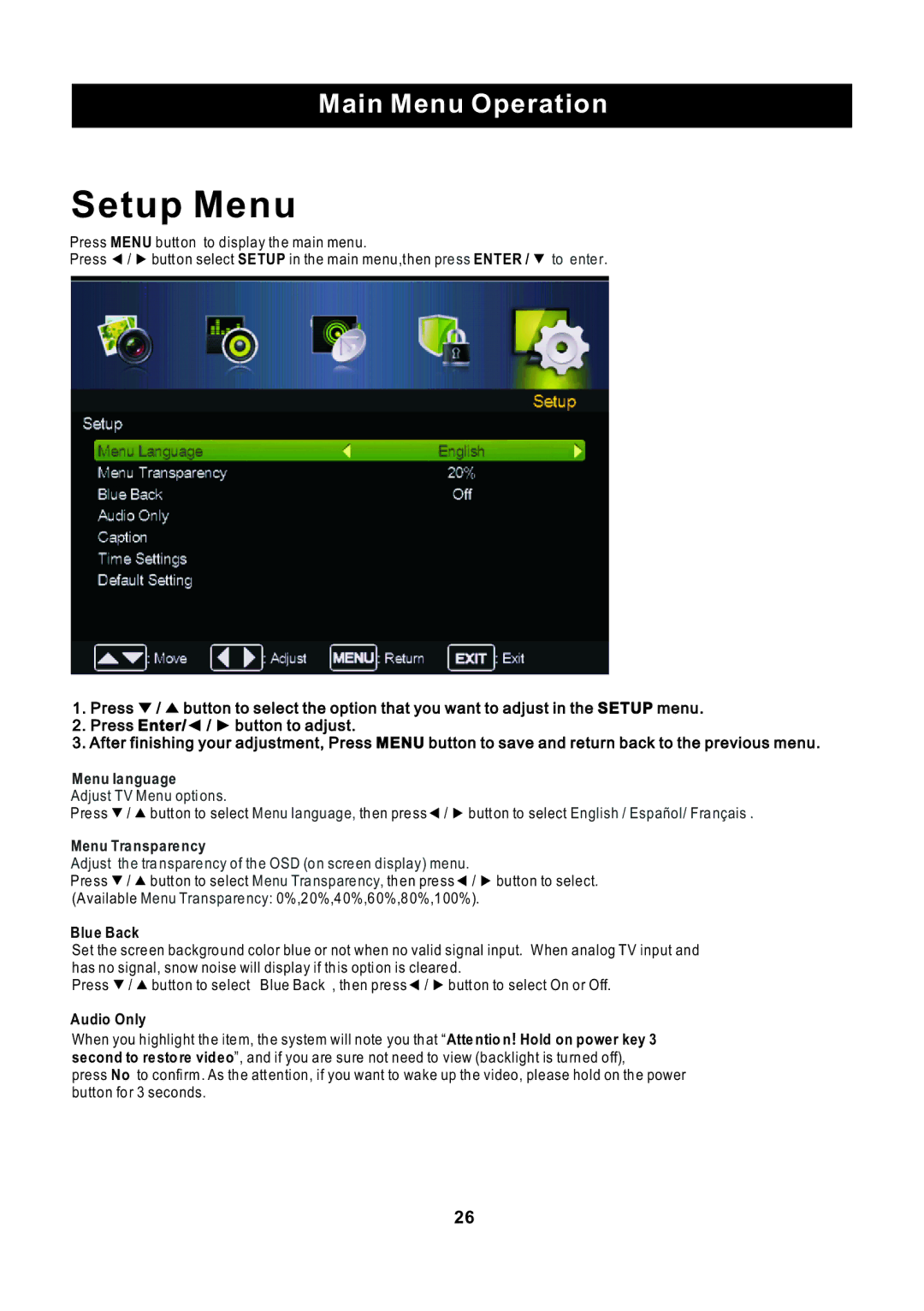 ProScan PLED2435A-E instruction manual Setup Menu, Menu Transparency, Blue Back, Audio Only 