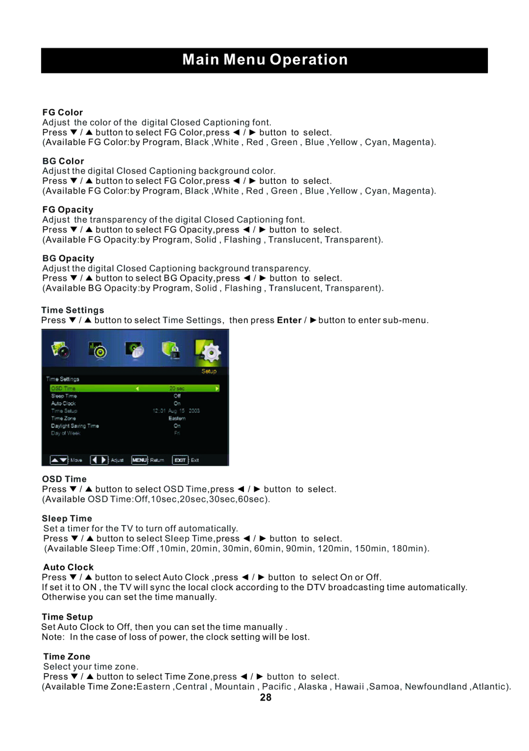 ProScan PLED2435A-E FG Color, BG Color, FG Opacity, BG Opacity, Time Settings, OSD Time, Sleep Time, Auto Clock, Time Zone 