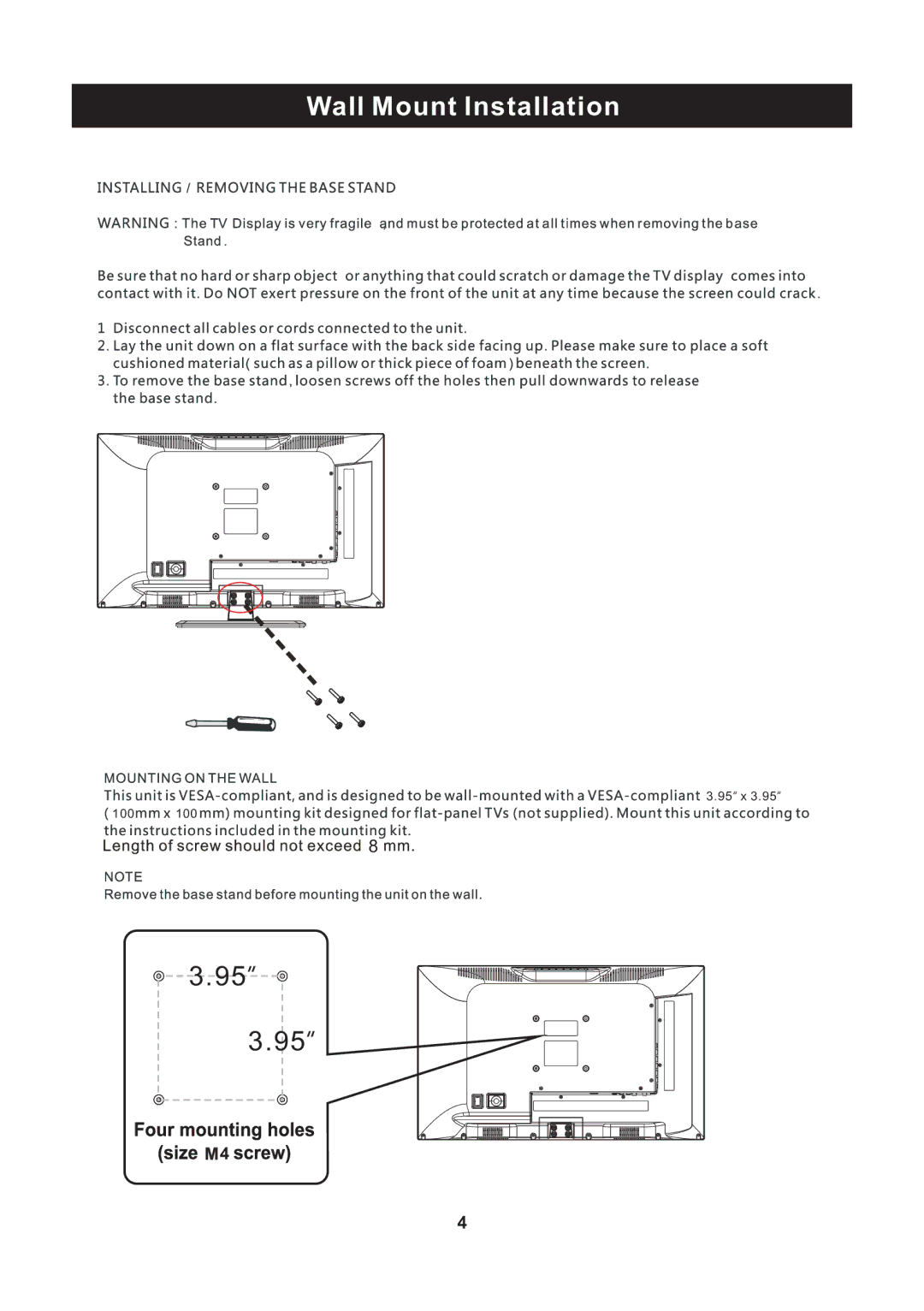 ProScan PLED2435A-E instruction manual Wall Mount Installation 