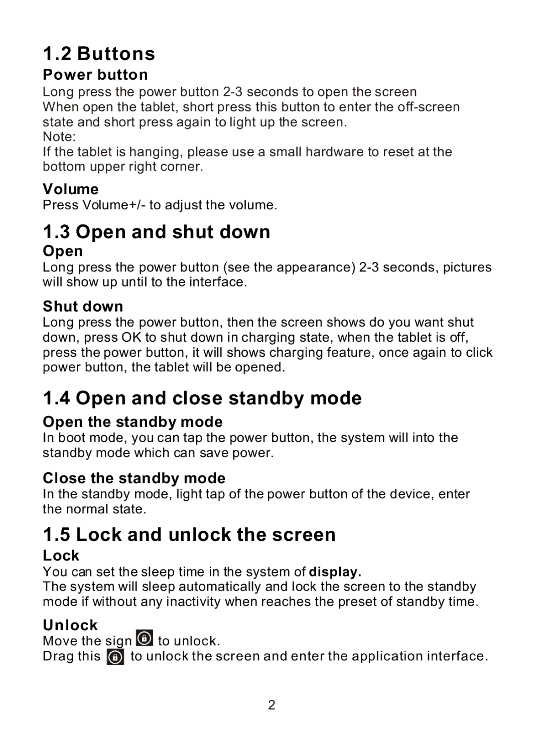 ProScan PLT7033D manual Buttons, Open and shut down, Open and close standby mode, Lock and unlock the screen 