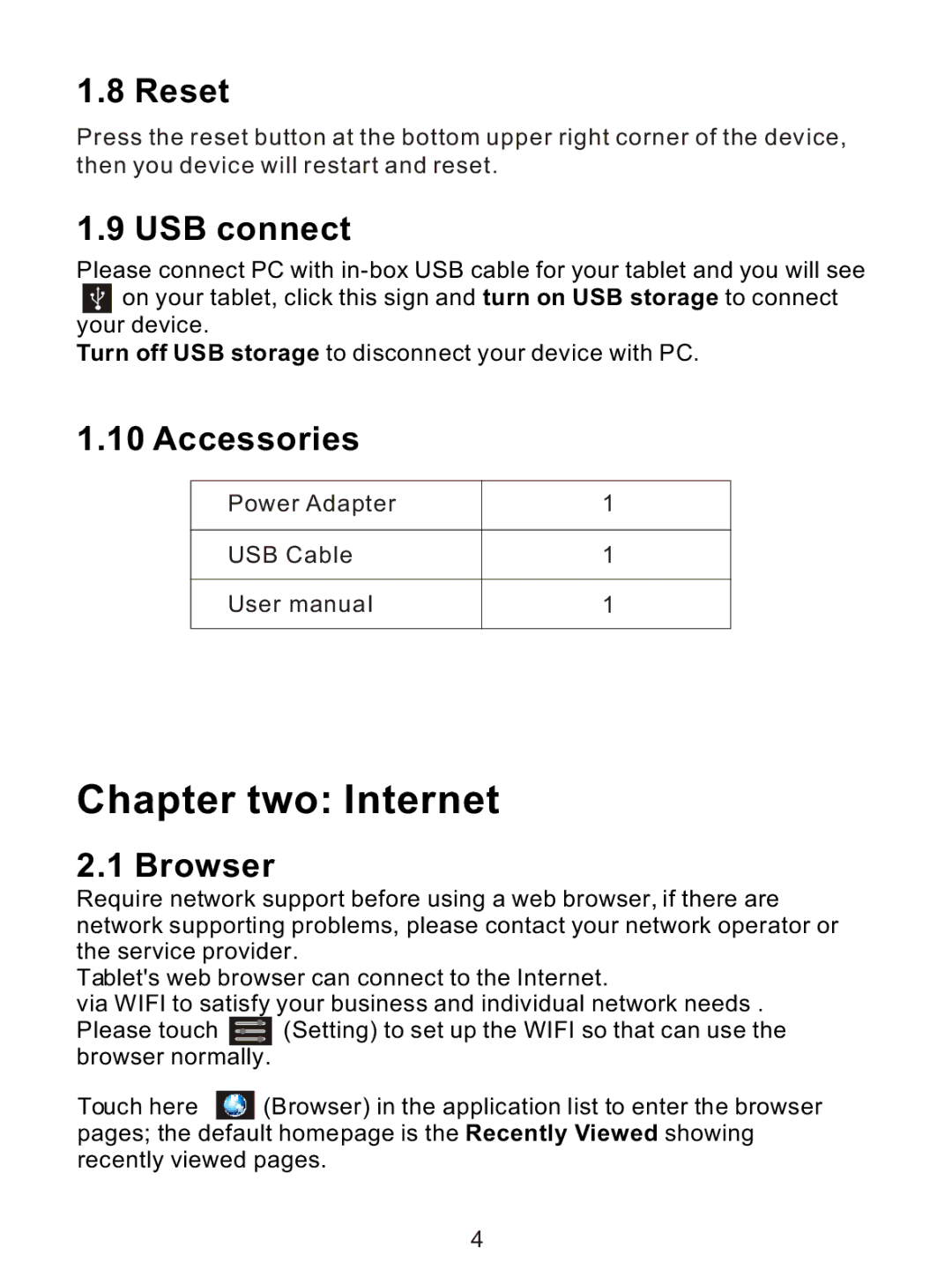 ProScan PLT7033D manual Chapter two Internet, Reset, USB connect, Accessories, Browser 