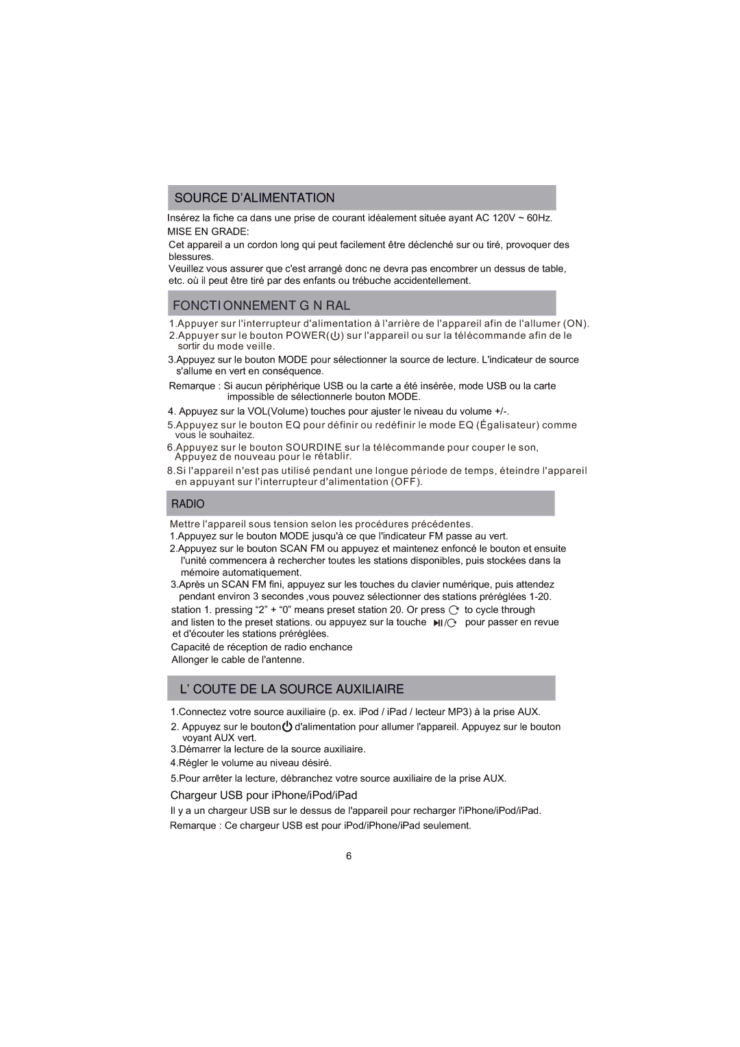 ProScan PSP288-PL user manual Source Dalimentation, Lécoute DE LA Source Auxiliaire, Radio 