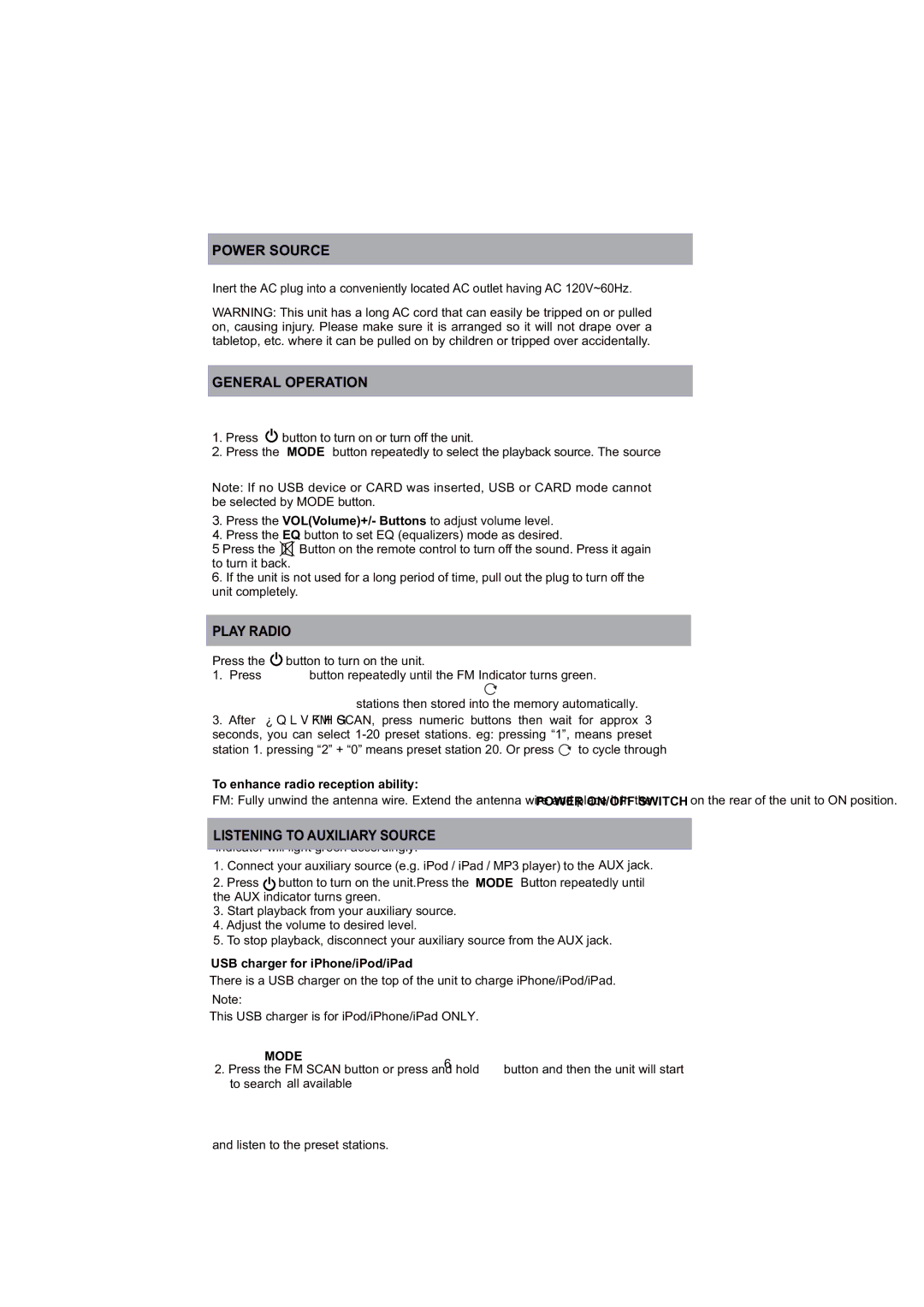 ProScan PSP288-PL user manual Power Source, General Operation, Play Radio, Listening to Auxiliary Source 