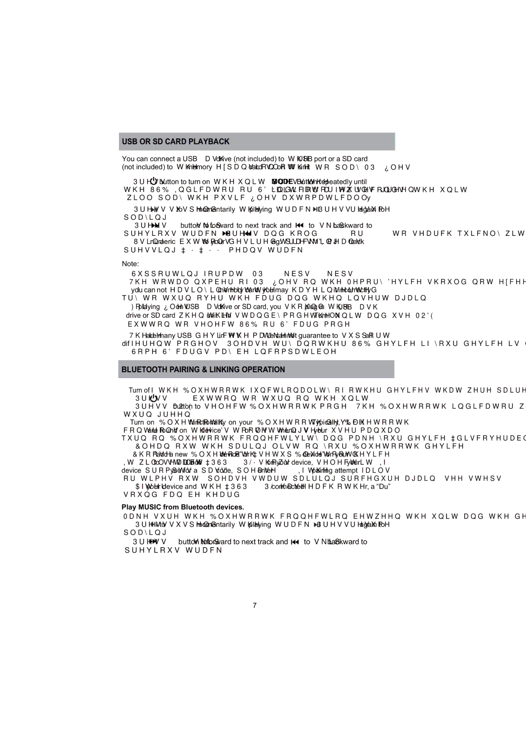 ProScan PSP288-PL user manual USB or SD Card Playback, Bluetooth Pairing & Linking Operation 