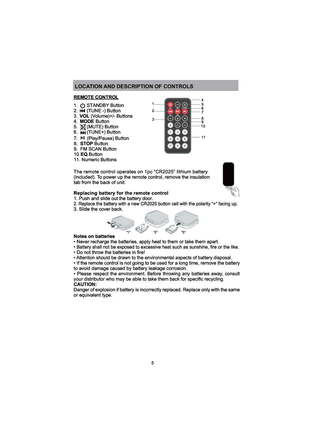 ProScan PSP288-PL Location And Description Of Controls, Remote Control, Replacing battery for the remote control 