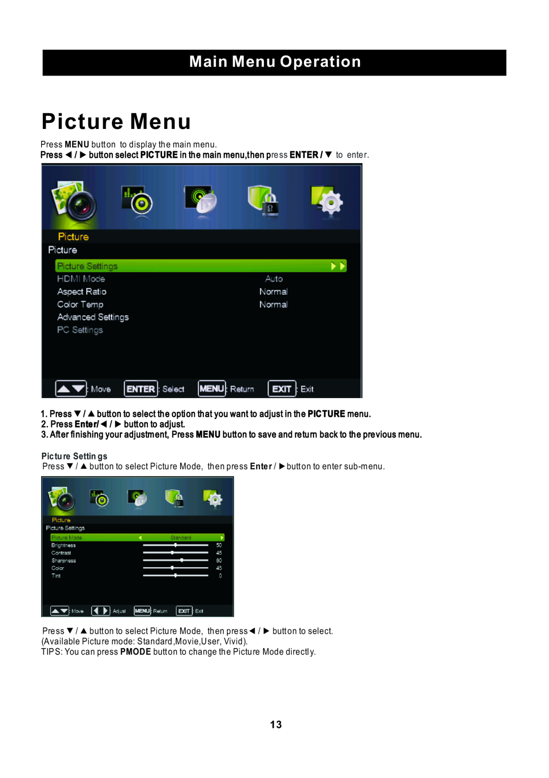 ProScan RLED2445A-B instruction manual Picture Menu, Main Menu Operation 