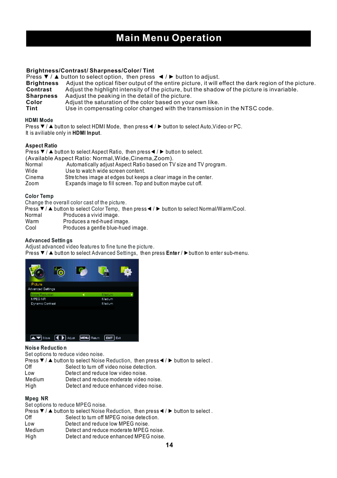 ProScan RLED2445A-B instruction manual Main Menu Operation, Brightness/Contrast/ Sharpness/Color/ Tint 