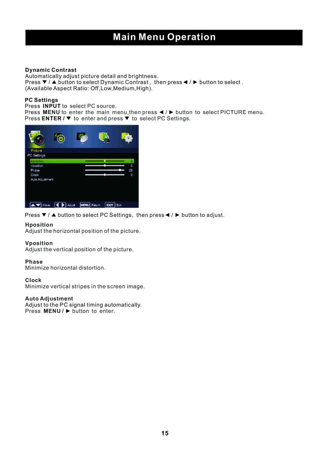 ProScan RLED2445A-B Main Menu Operation, Dynamic Contrast, PC Settings, Hposition, Vposition, Phase, Clock 