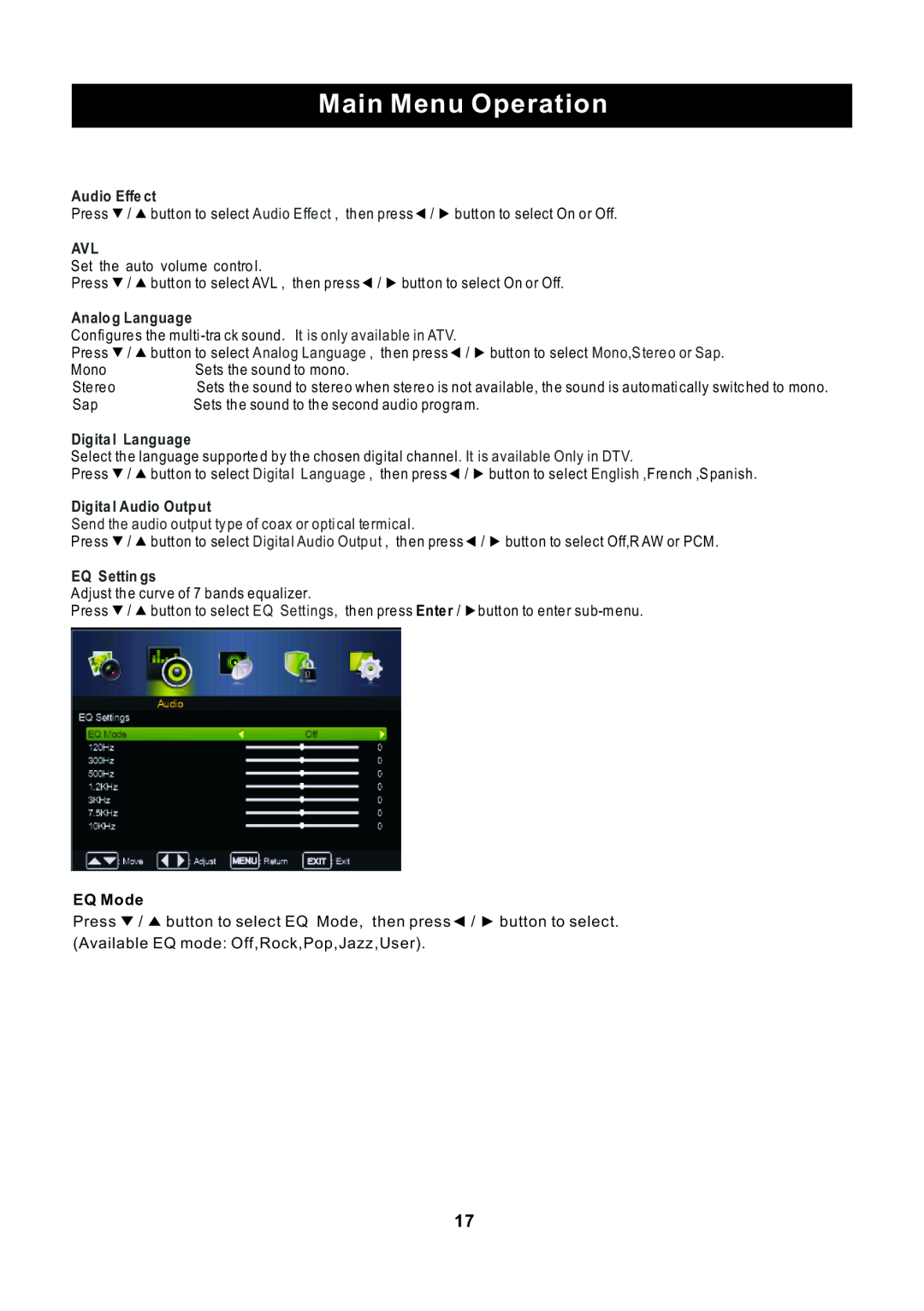 ProScan RLED2445A-B Main Menu Operation, Audio Effe ct, Analog Language, Digita l Language, Digita l Audio Output, EQ Mode 
