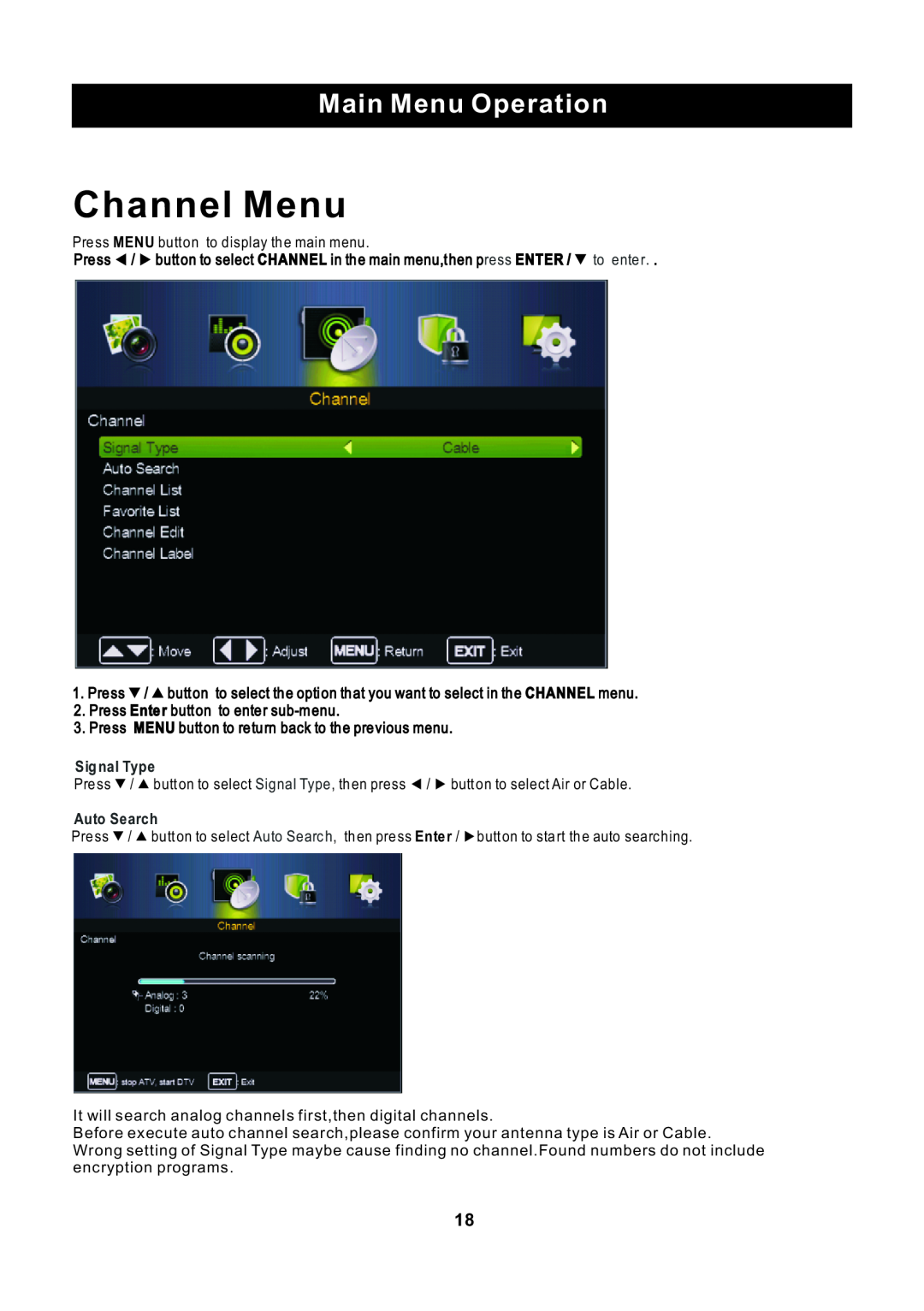 ProScan RLED2445A-B instruction manual Channel Menu, Main Menu Operation 