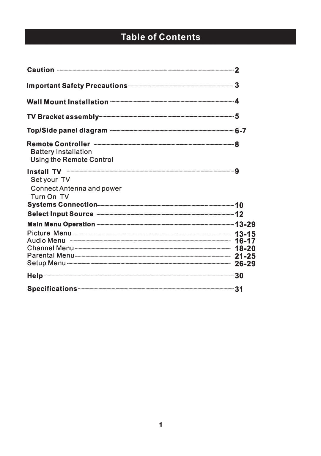 ProScan RLED2445A-B instruction manual Table of Contents, 13-29, 13-15, 16-17, 18-20, 21-25, 26-29 