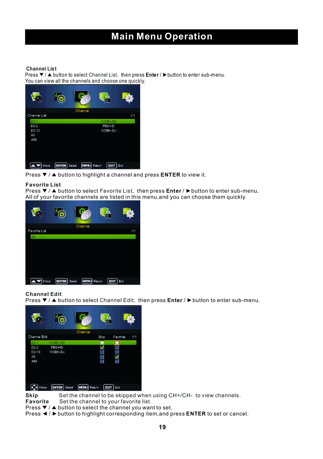 ProScan RLED2445A-B instruction manual Main Menu Operation, Channel List, Favorite List, Channel Edit 