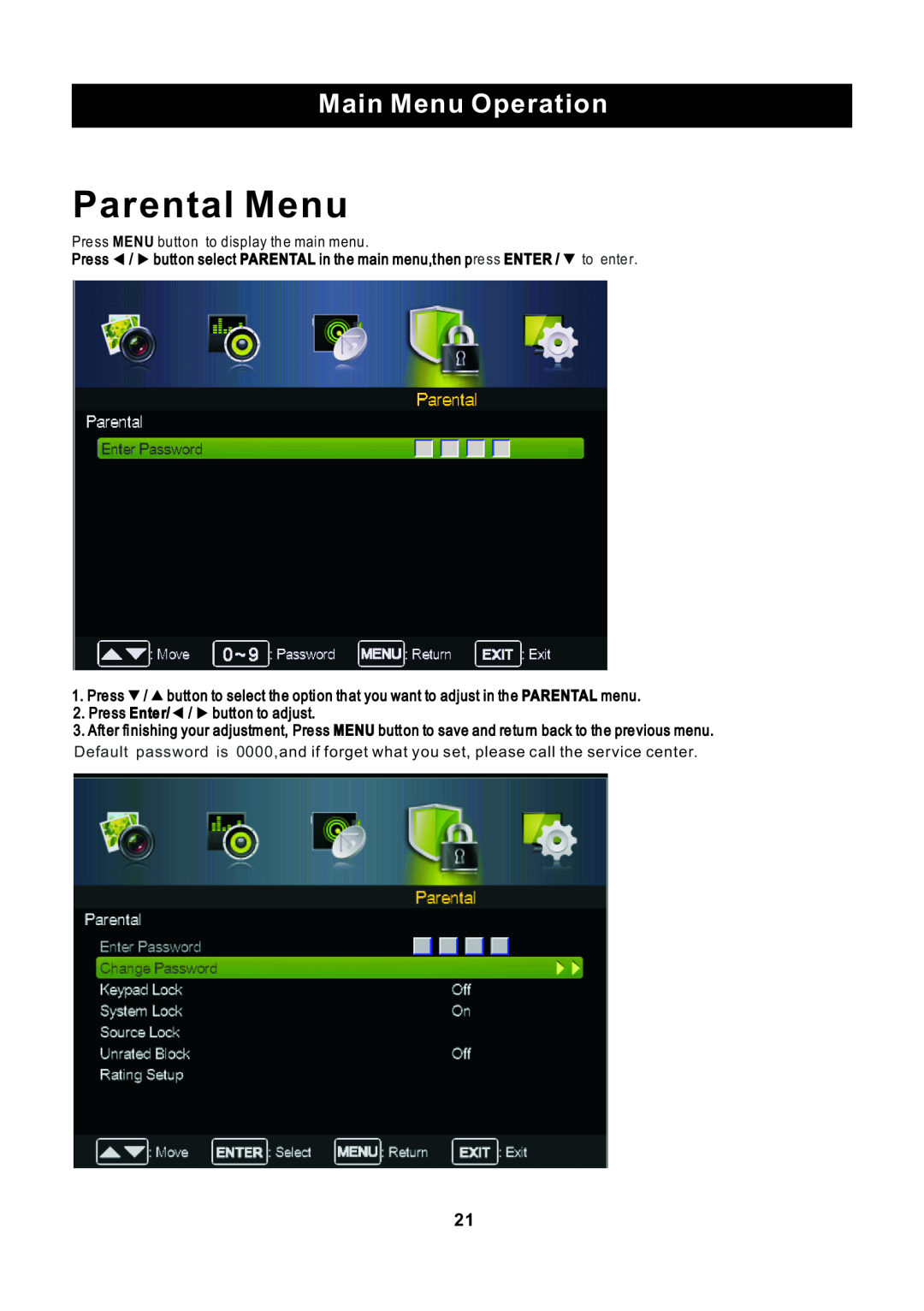 ProScan RLED2445A-B instruction manual Parental Menu, Main Menu Operation 