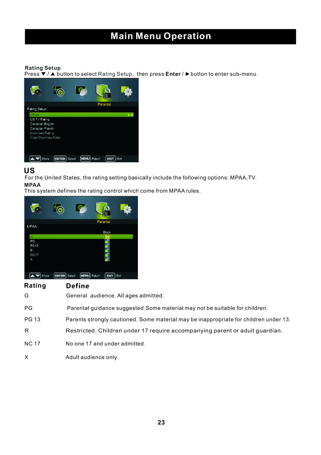 ProScan RLED2445A-B instruction manual Main Menu Operation, Rating, Define 