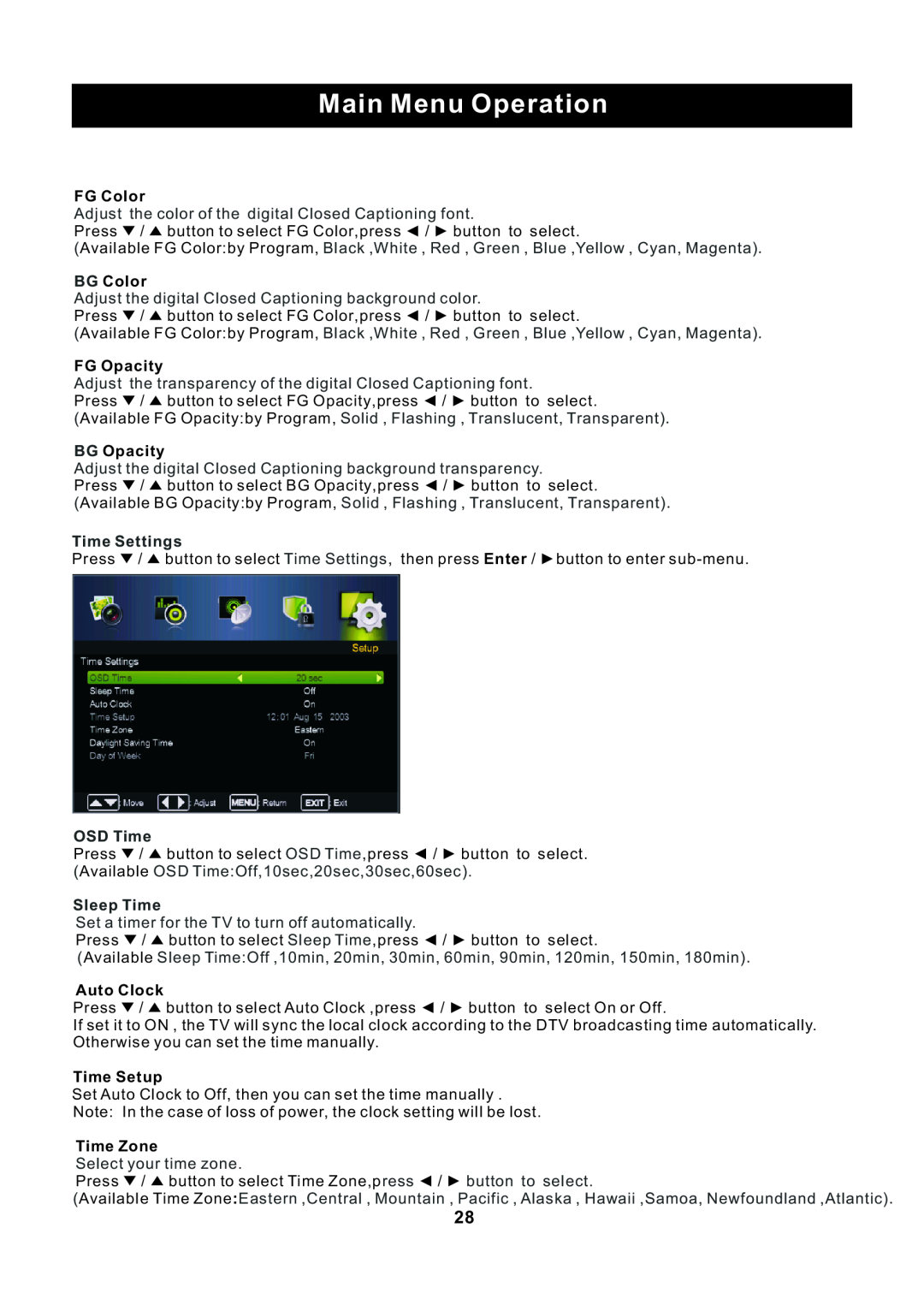 ProScan RLED2445A-B instruction manual Main Menu Operation, FG Color 