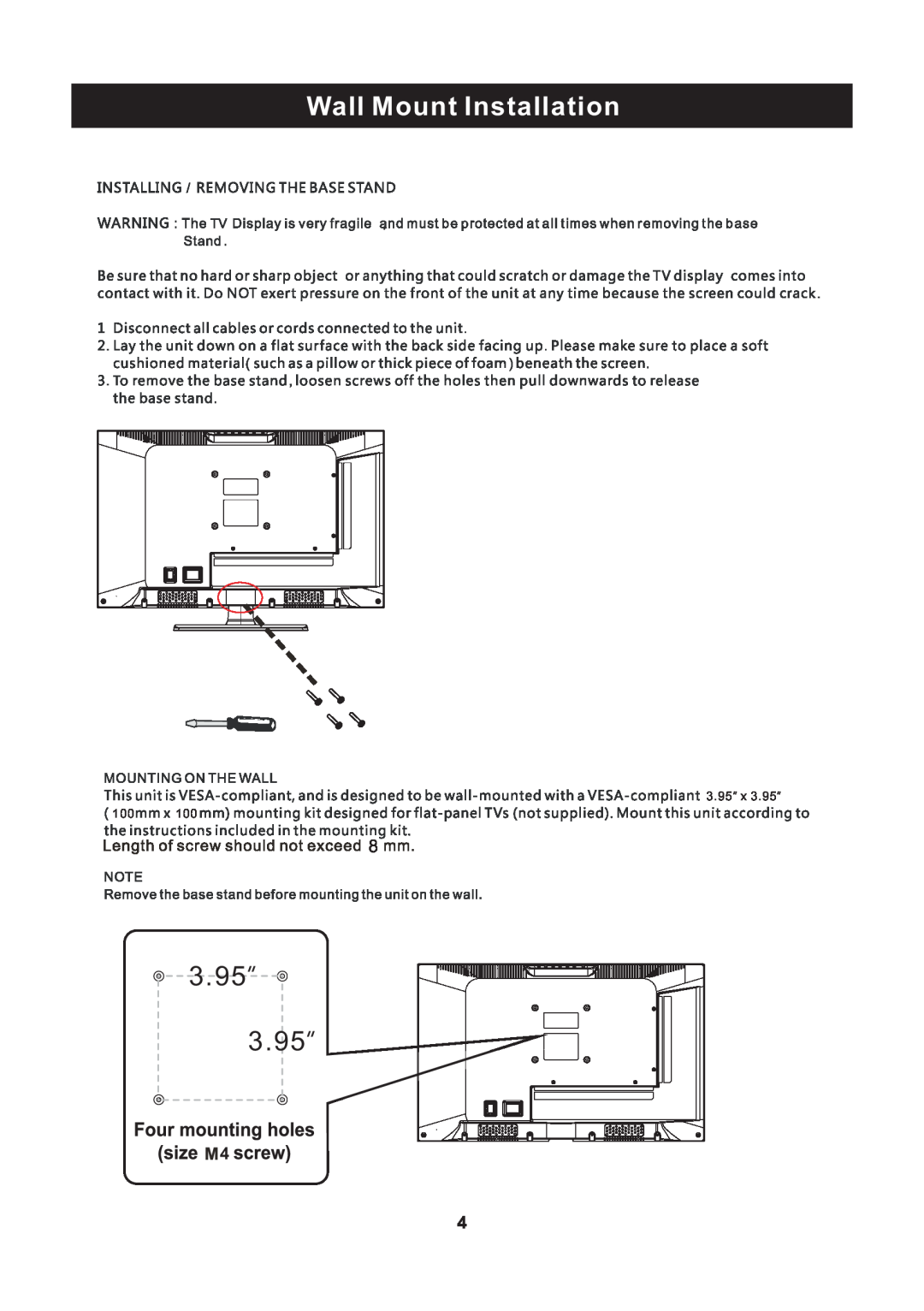 ProScan RLED2445A-B instruction manual Wall Mount Installation, 3.95” 3.95”, 3.95” x 3.95” 