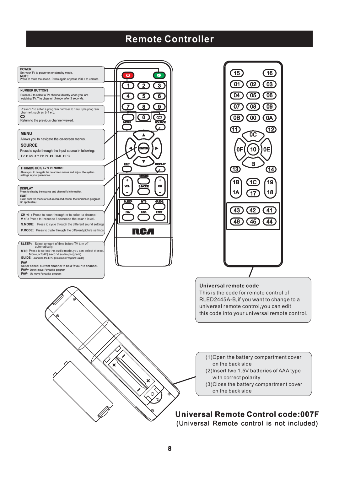 ProScan RLED2445A-B instruction manual Remote Controller, Universal Remote control is not included, 1 2 4 5 7 8, Guide 