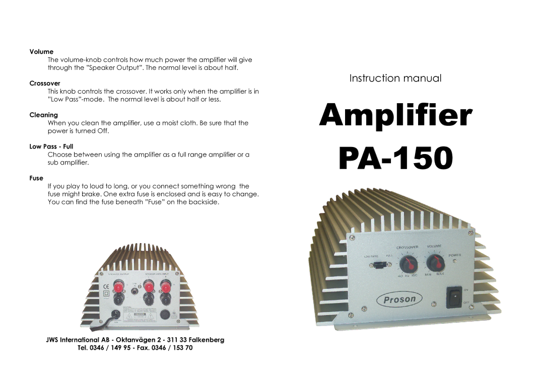 Proson instruction manual Amplifier PA-150 