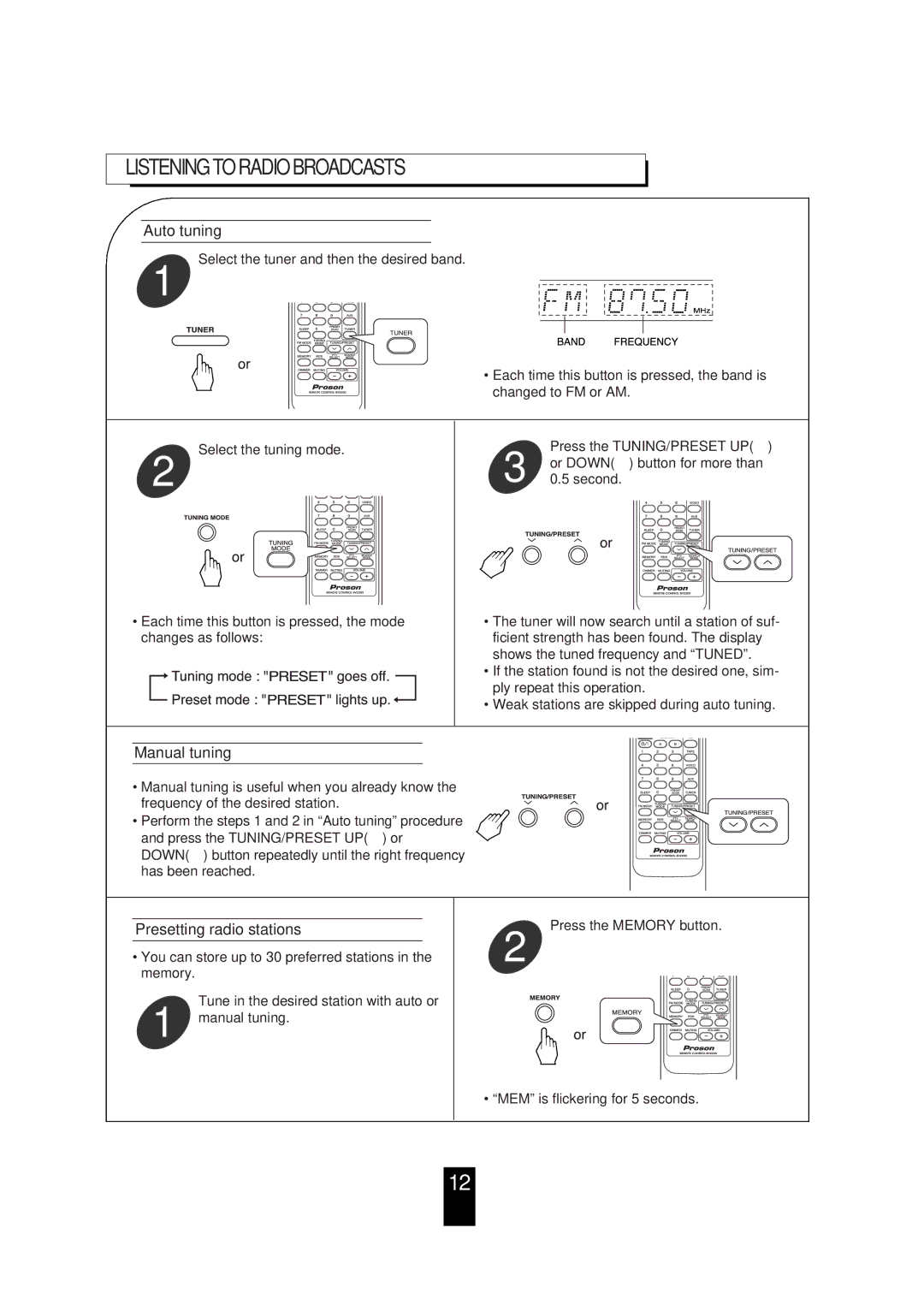 Proson RV 2200 manual Listening to Radio Broadcasts, Auto tuning, Manual tuning, Presetting radio stations 