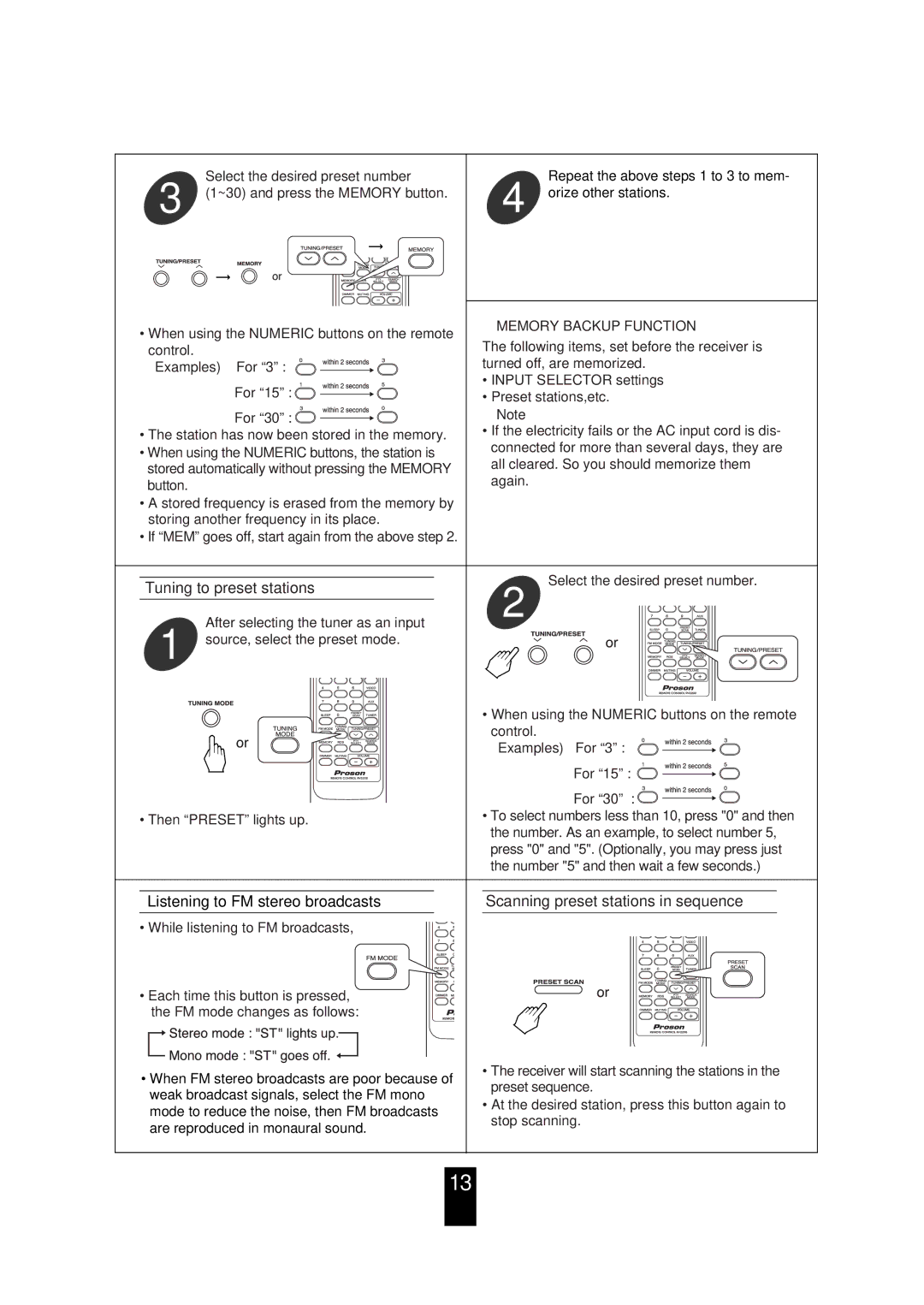 Proson RV 2200 manual Tuning to preset stations, Memory Backup Function 