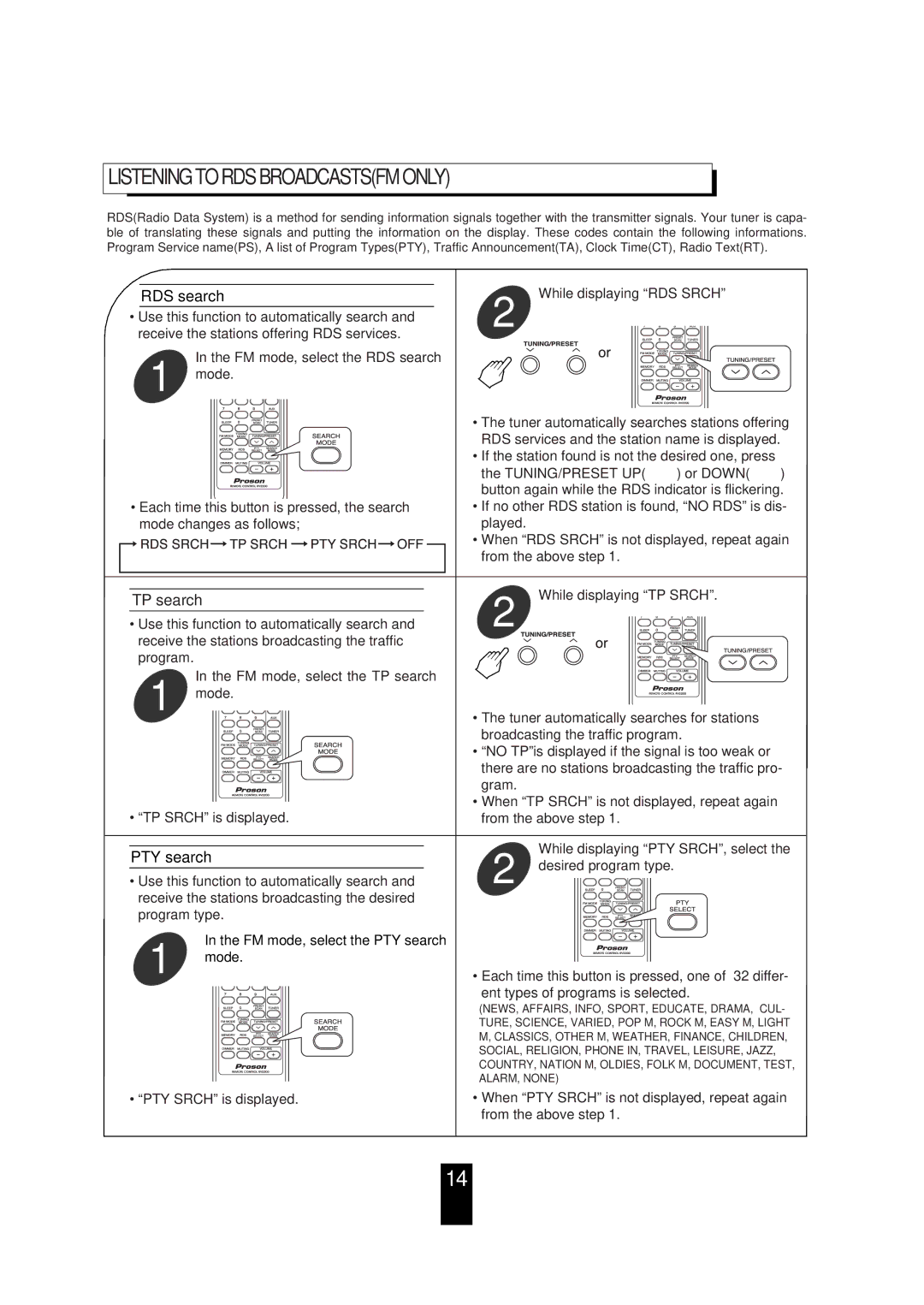 Proson RV 2200 manual Listening to RDS Broadcastsfm only, RDS search, TP search, PTY search 